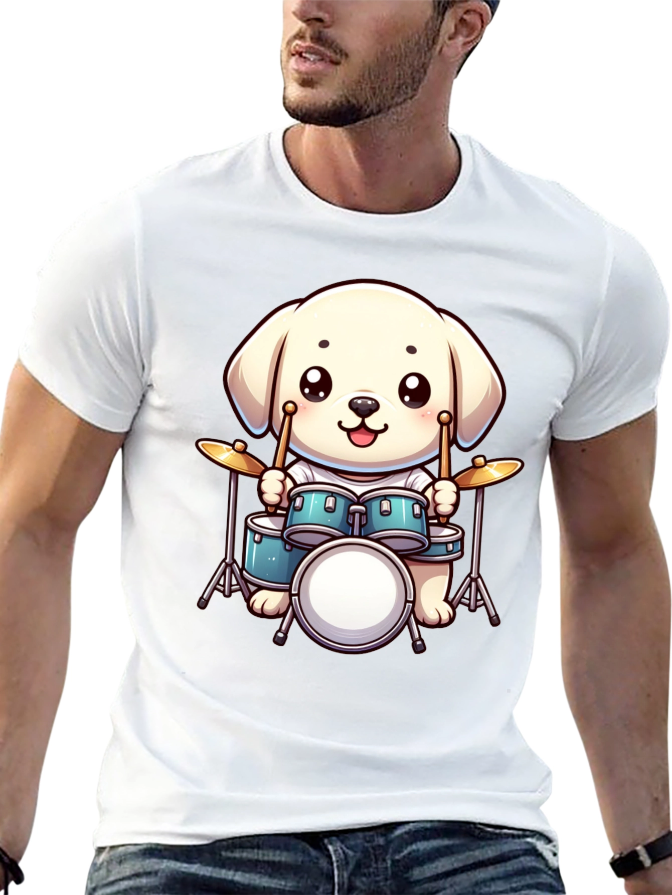 Cute Dog Drummer T-Shirt - Unisex Black Tee