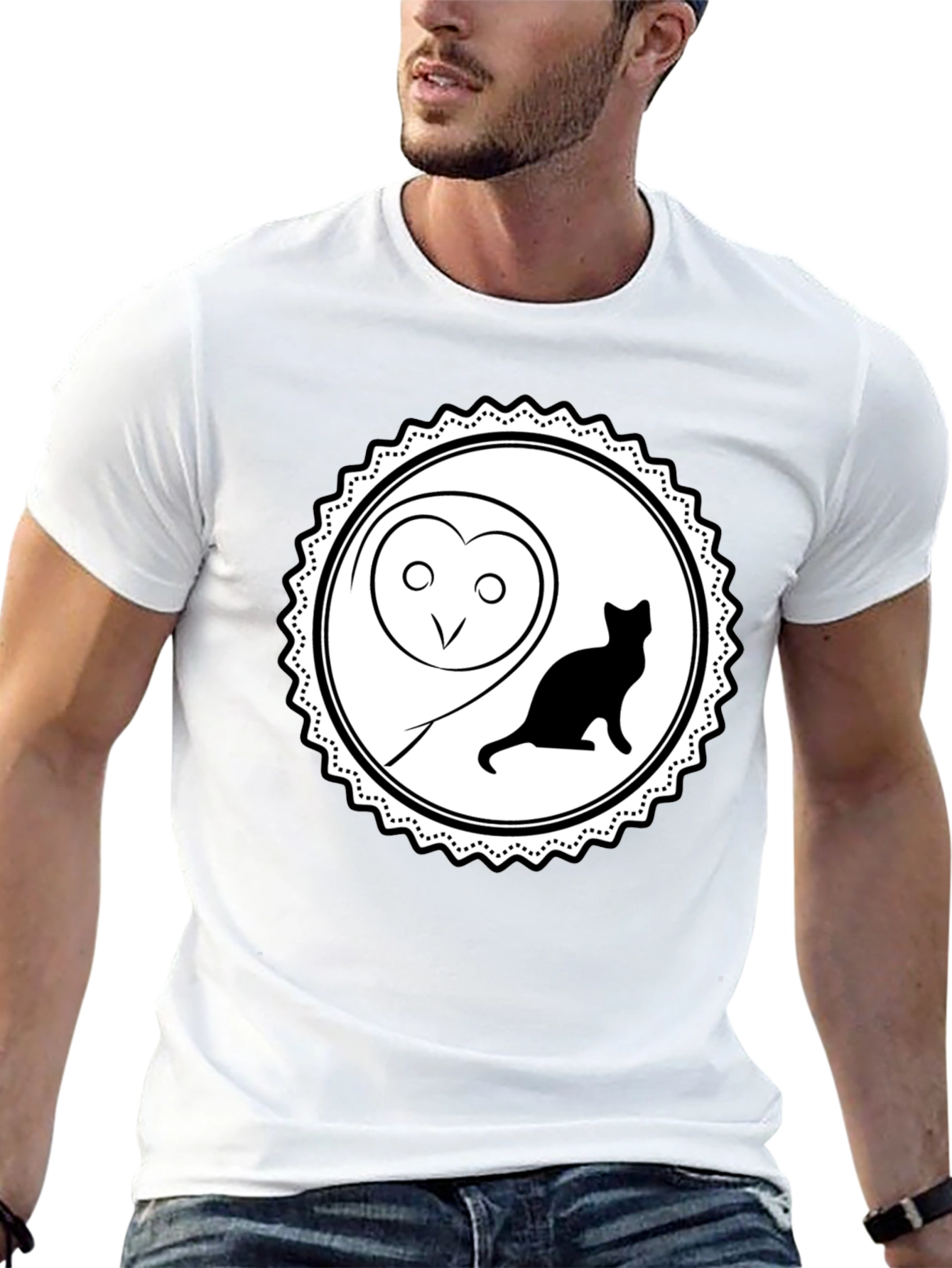 Owl and Cat Graphic Tee - Black Cotton