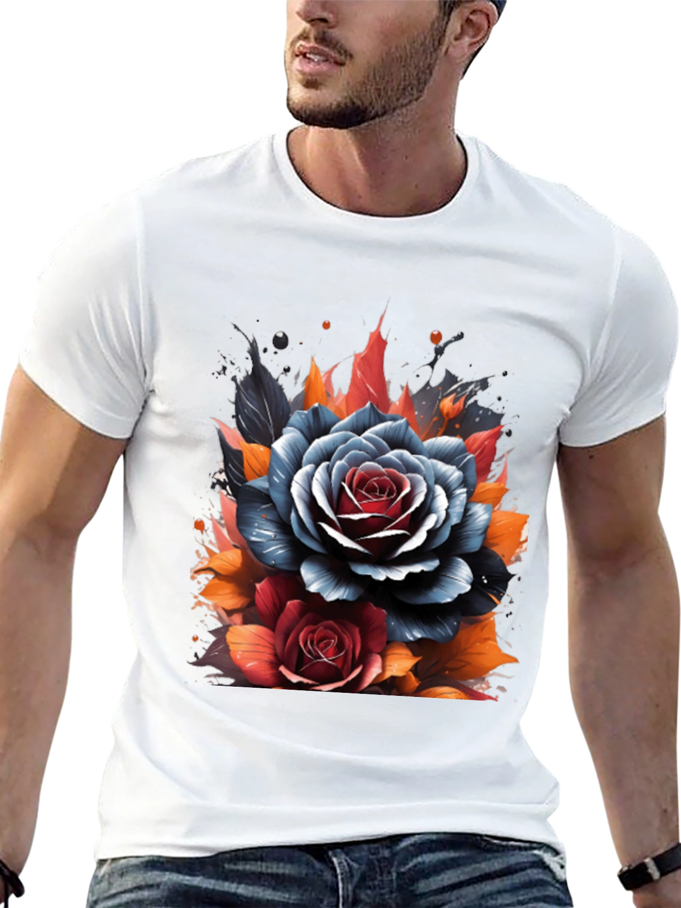Floral Roses Graphic Print Black T-Shirt