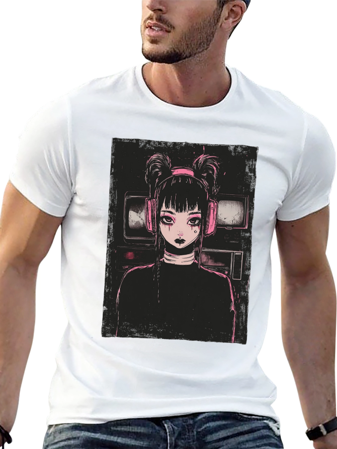 Anime Girl Graphic Tee - Black Cotton Blend