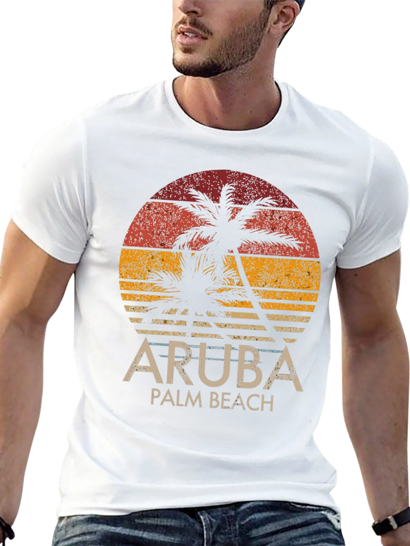Aruba Palm Beach Graphic Tee - Tropical Sunset Design