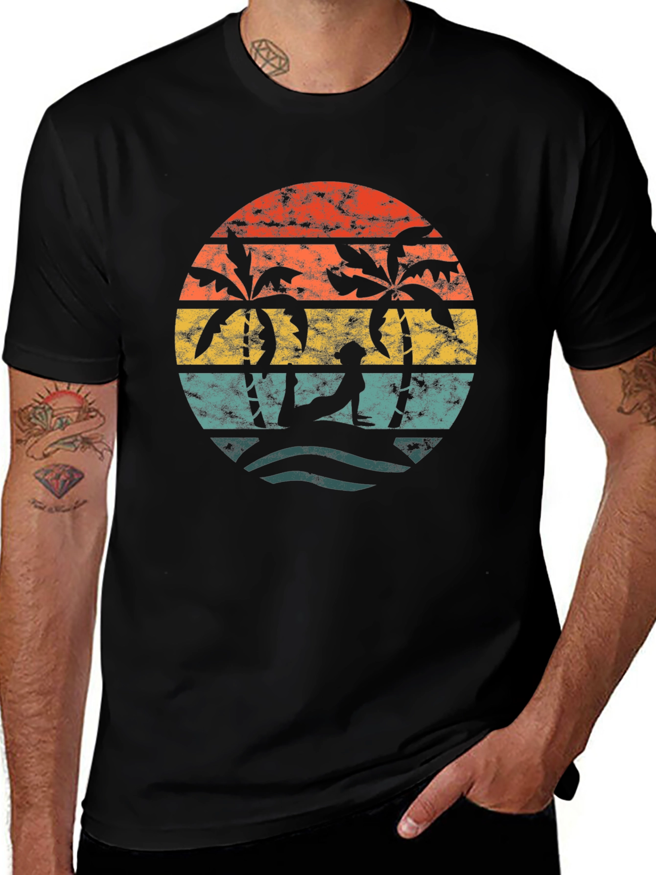 Retro Sunset Yoga T-Shirt - Palm Tree Beach Design
