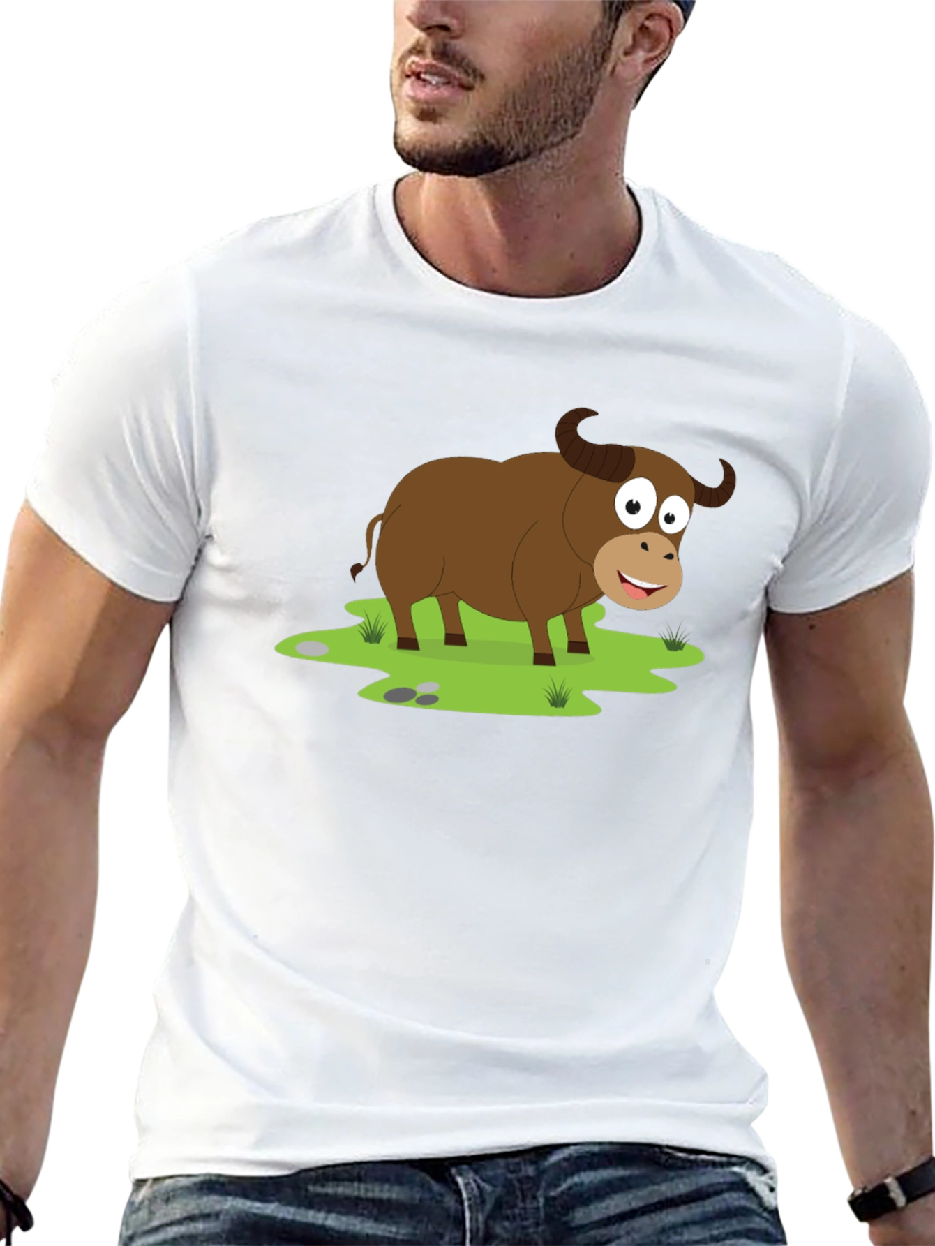 Cartoon Buffalo Graphic Tee - Black Cotton T-Shirt