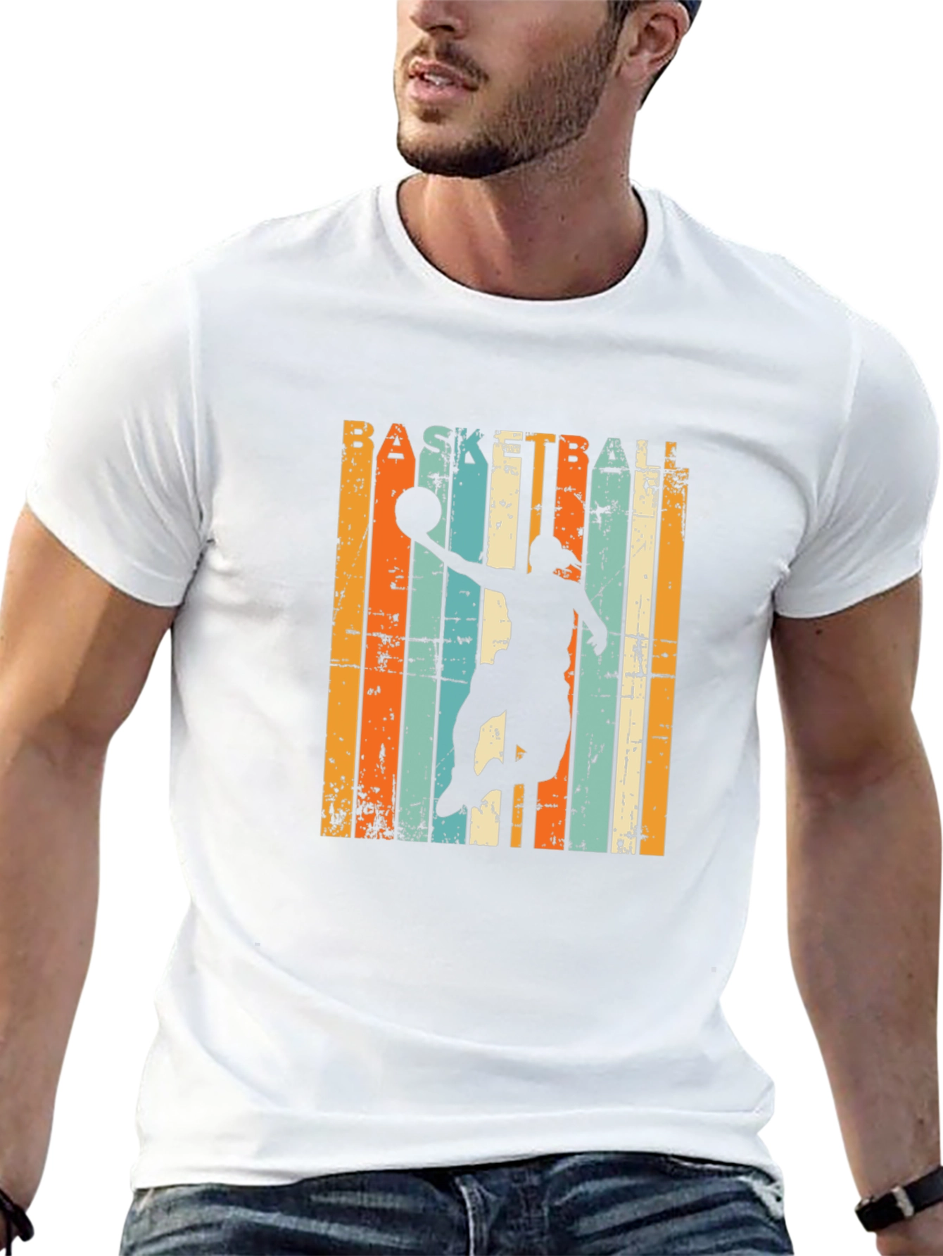 Basketball Silhouette Retro Striped Graphic Tee