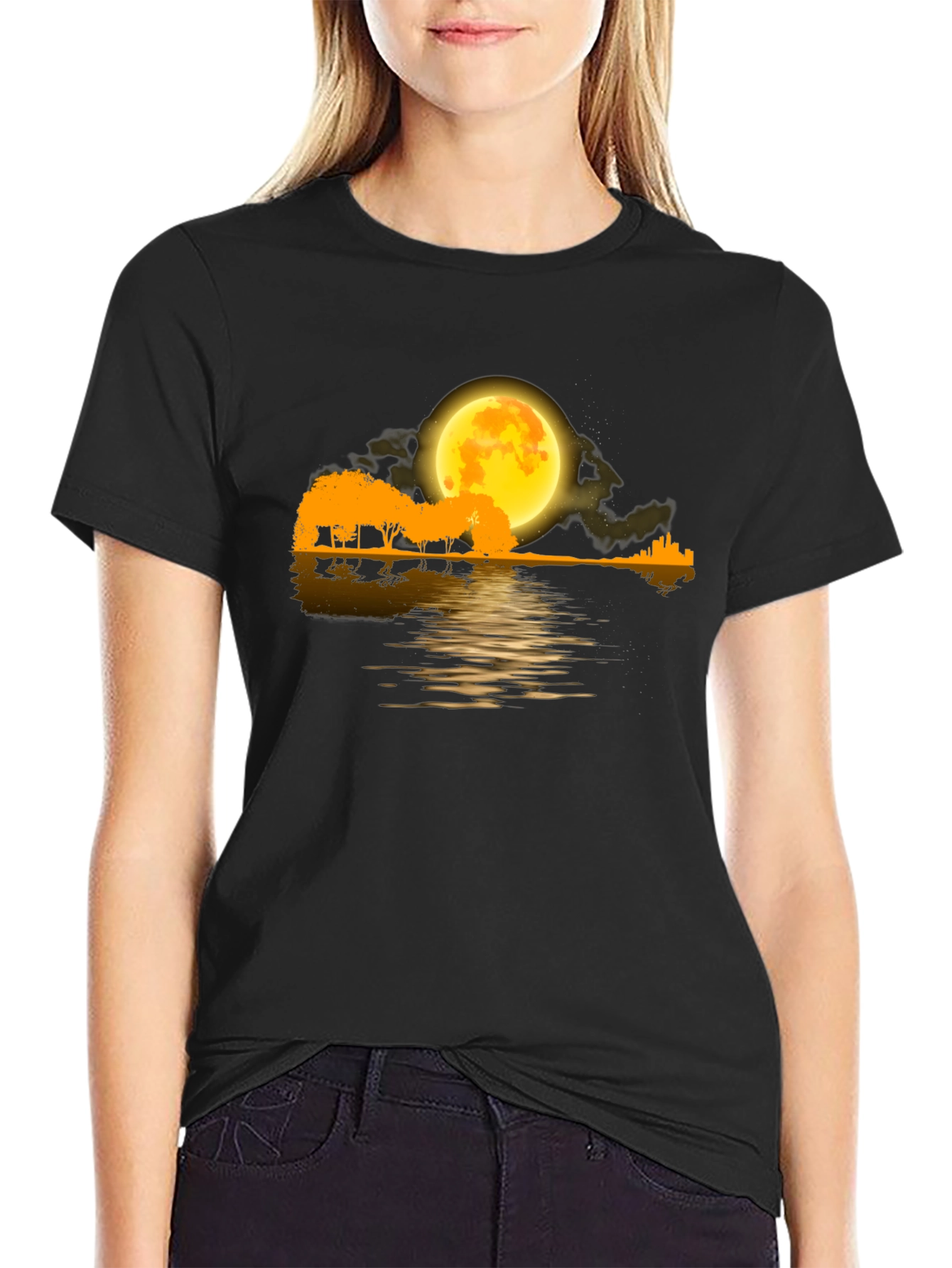 Moonlit Guitar Landscape Black T-Shirt
