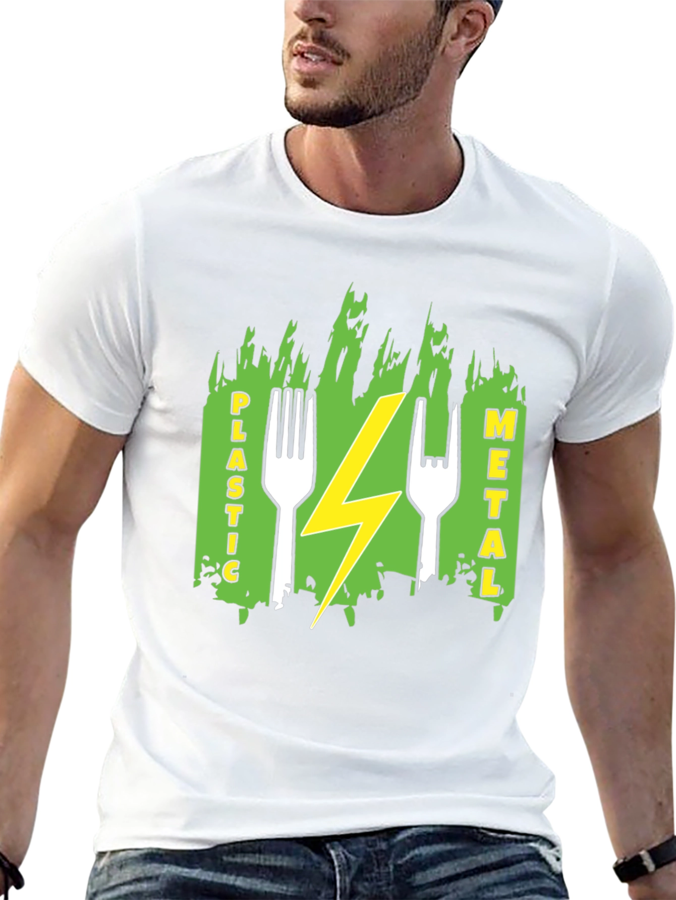 Plastic Metal Fork Lightning Bolt Graphic Tee