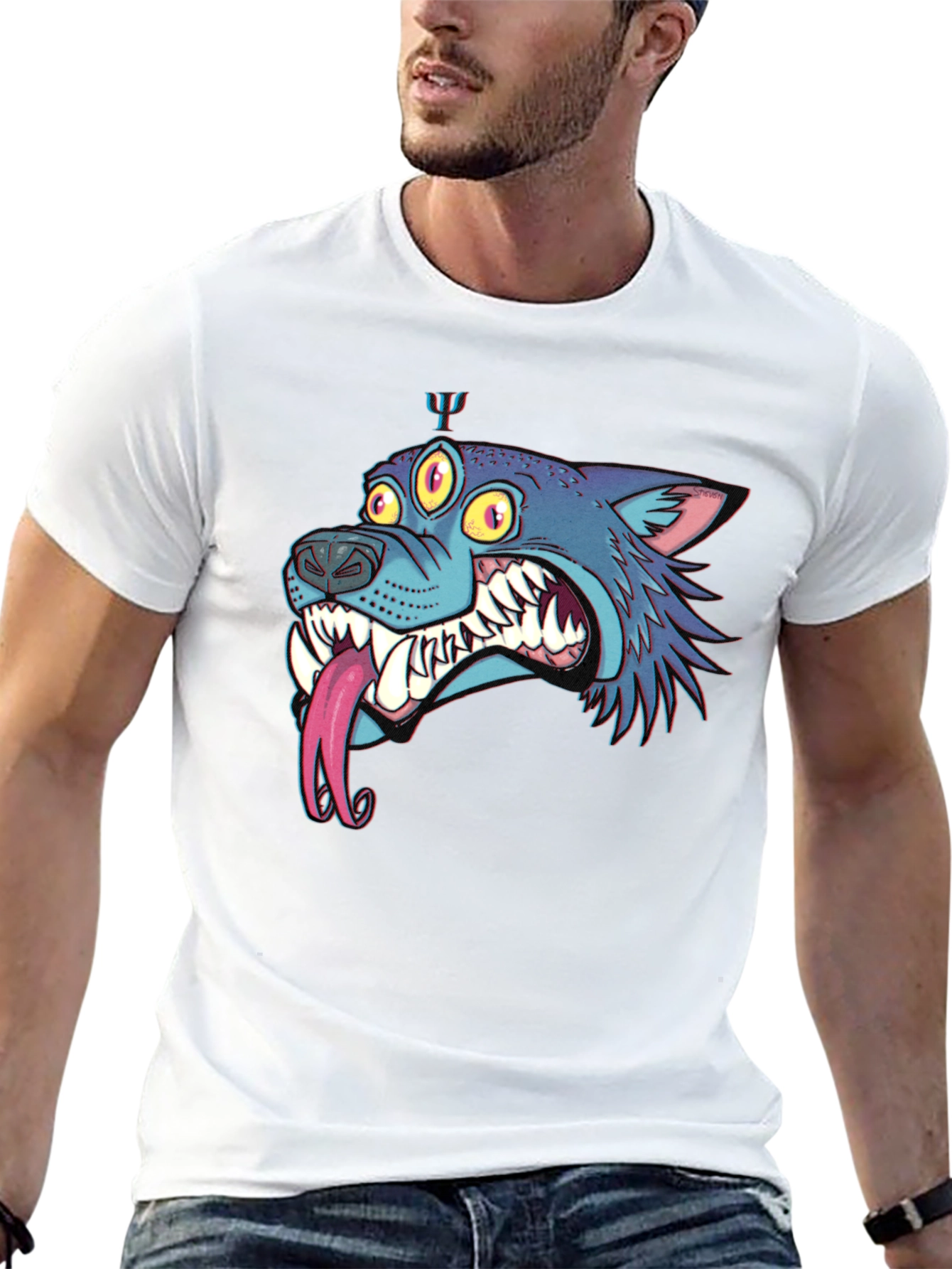 Mens Black Graphic Tee - Three-Eyed Monster Wolf