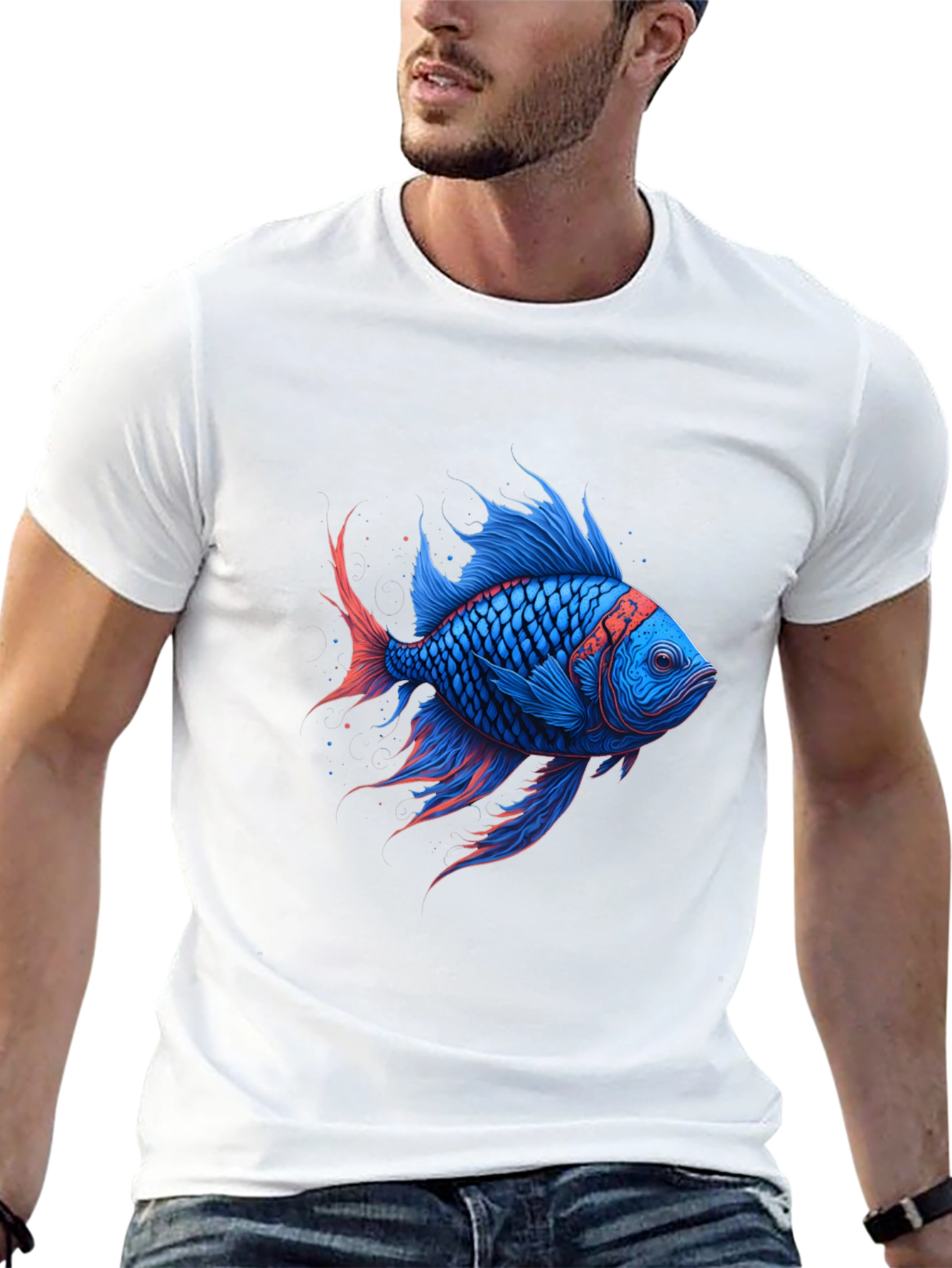 Vivid Blue Fish Graphic T-Shirt