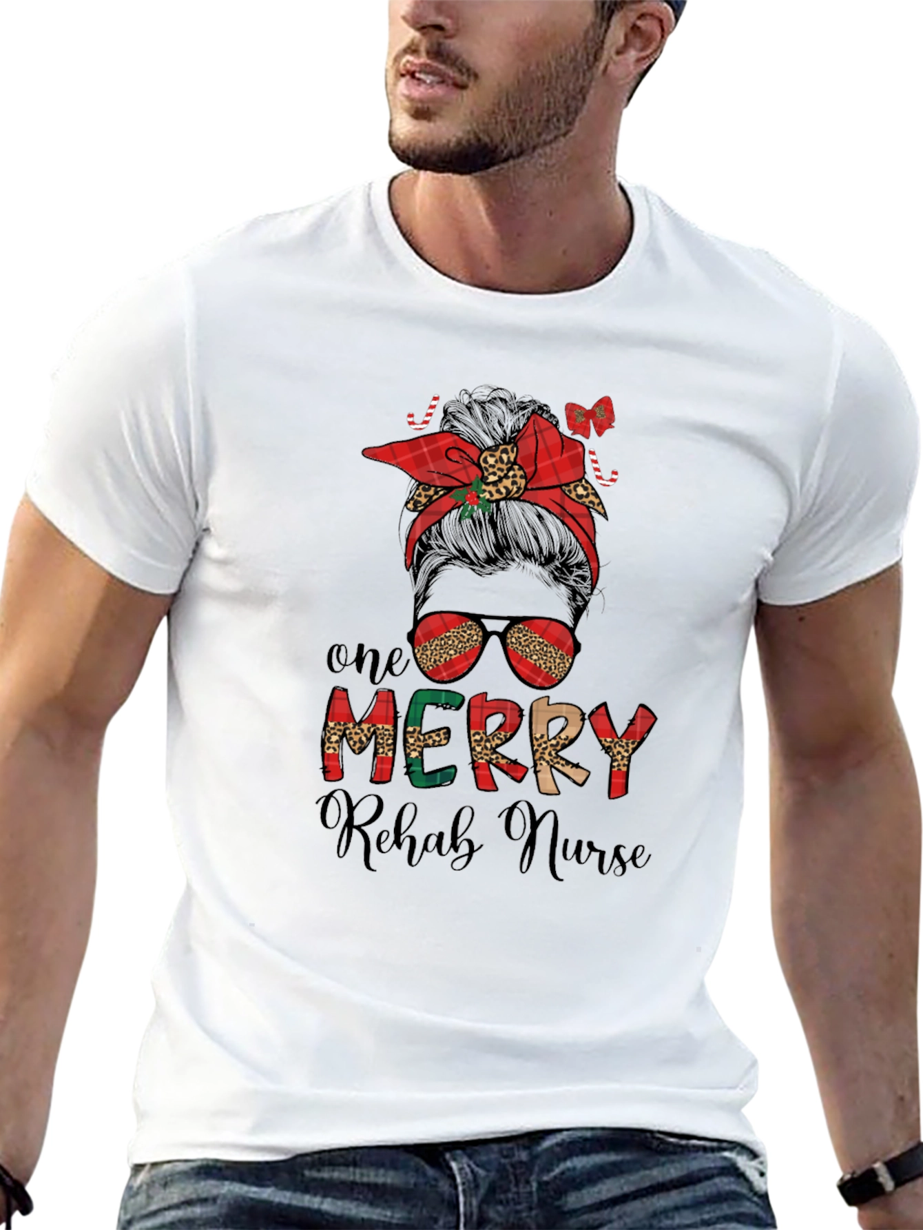 Merry Rehab Nurse Messy Bun Christmas T-Shirt