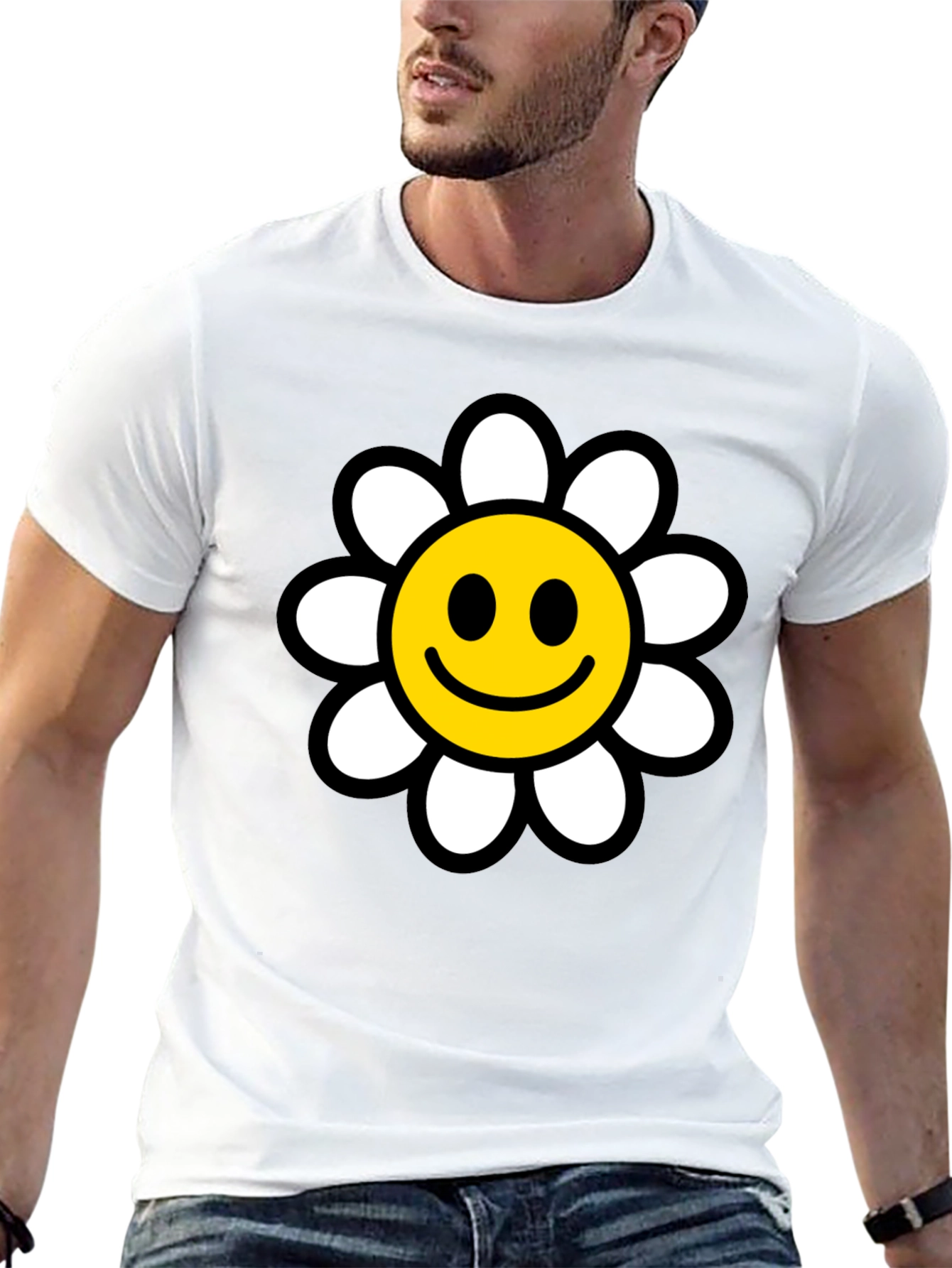 Smiley Face Daisy Graphic T-Shirt - Black