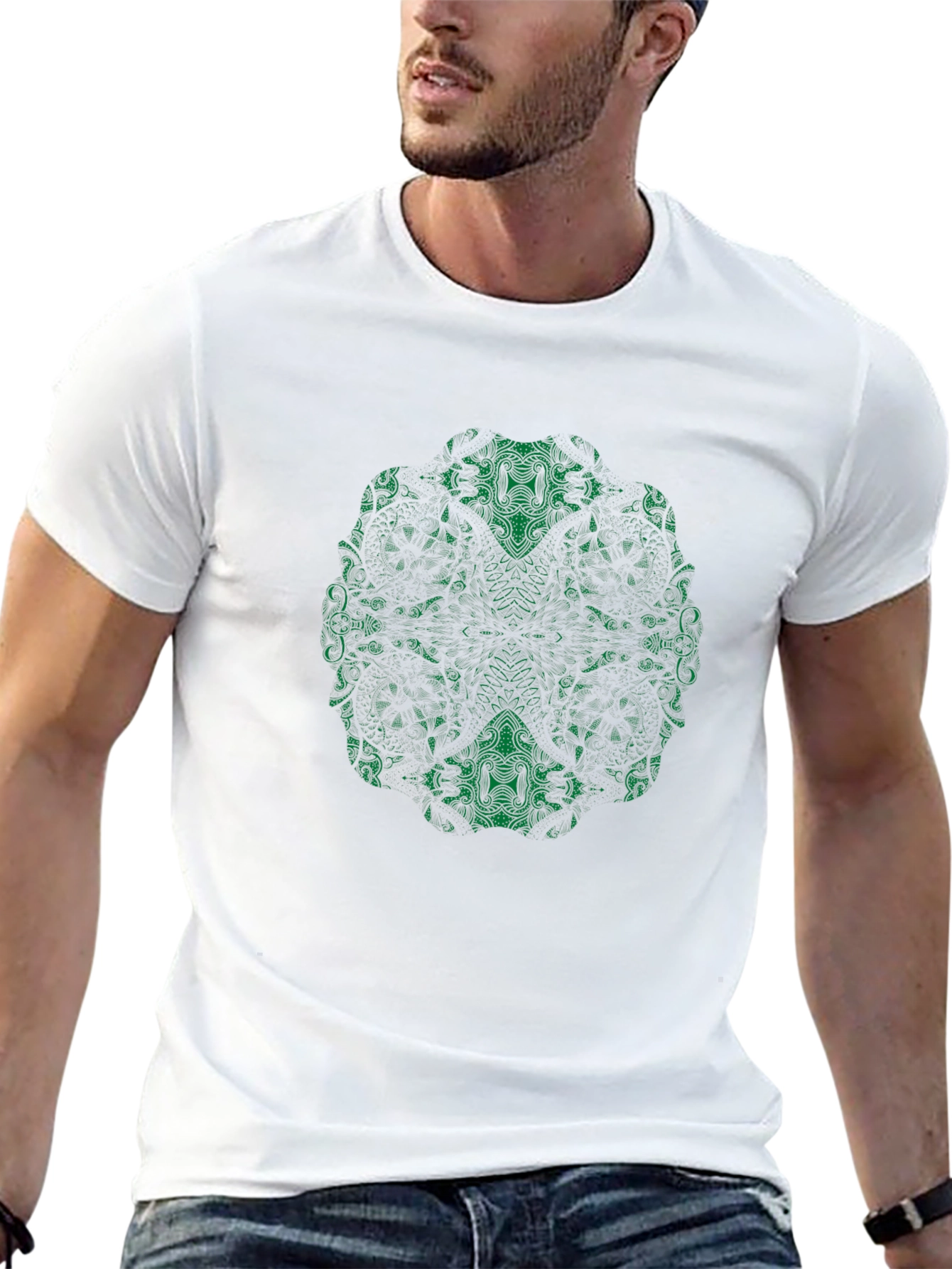Abstract Green Print Black T-Shirt