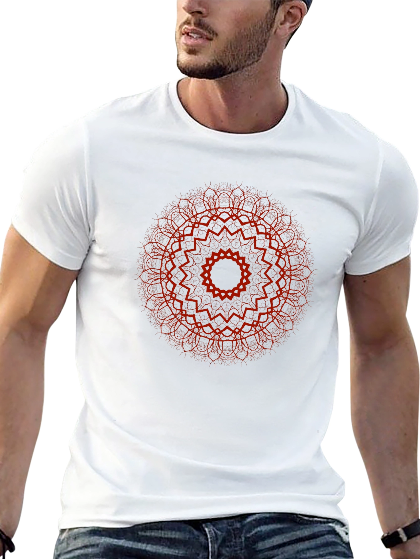 Red Mandala Print Black T-Shirt