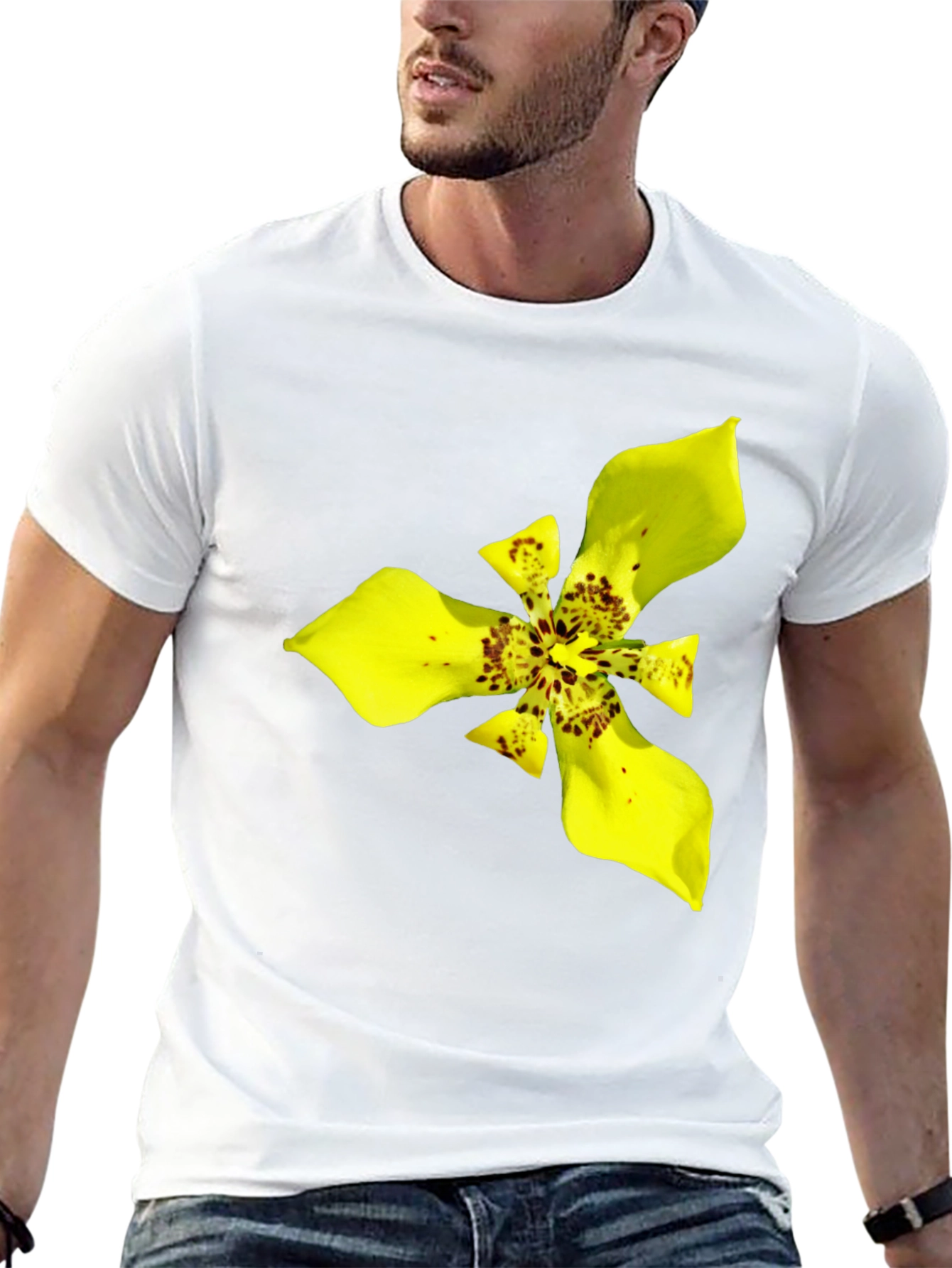 Black T-Shirt with Exotic Yellow Flower Graphic