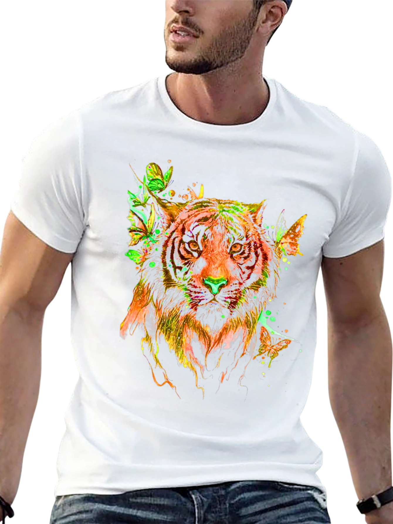 Vibrant Tiger Butterfly Graphic T-Shirt - Stylish Mens Tee