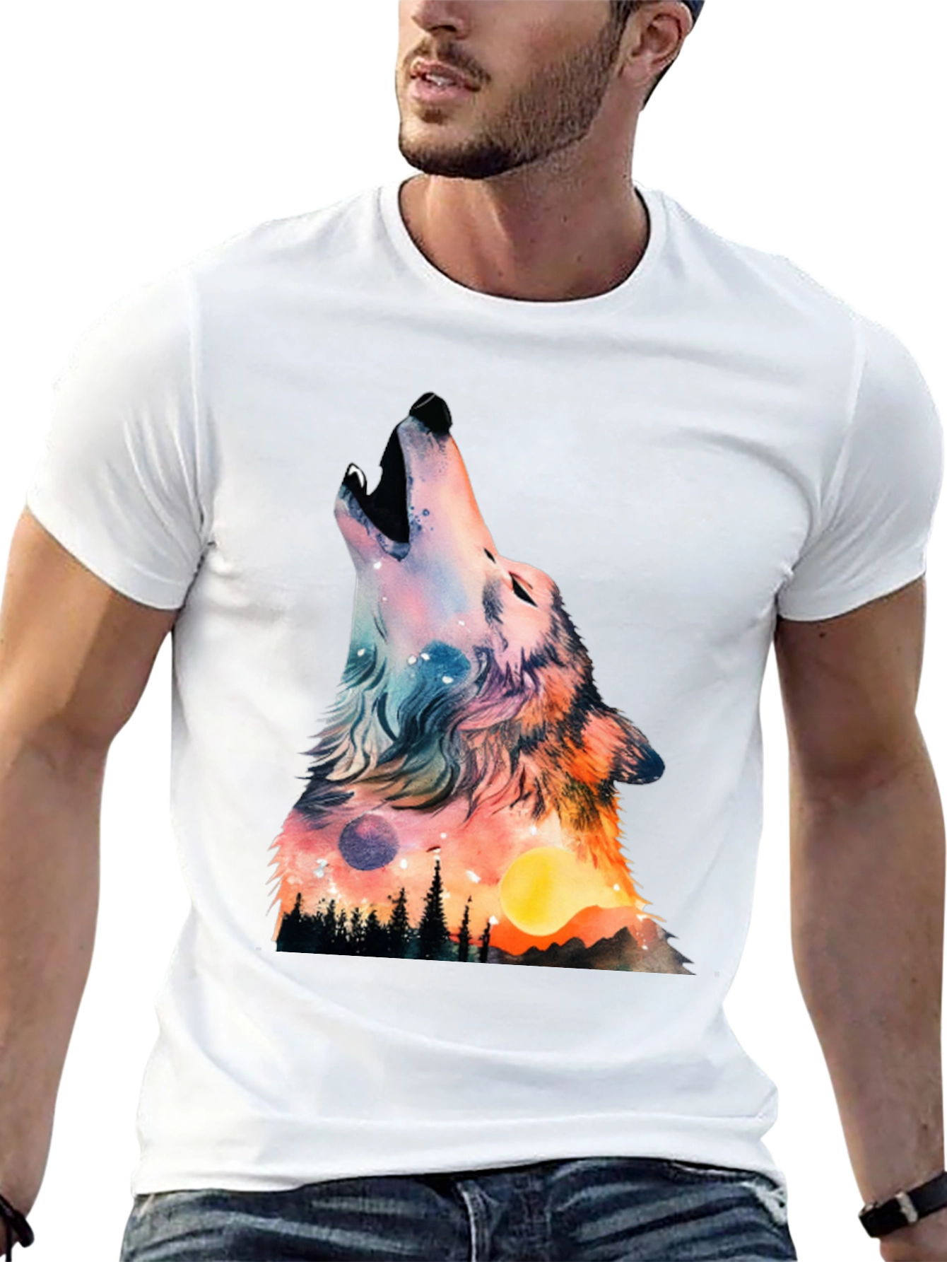 Wolf Galaxy Graphic Print Black T-Shirt