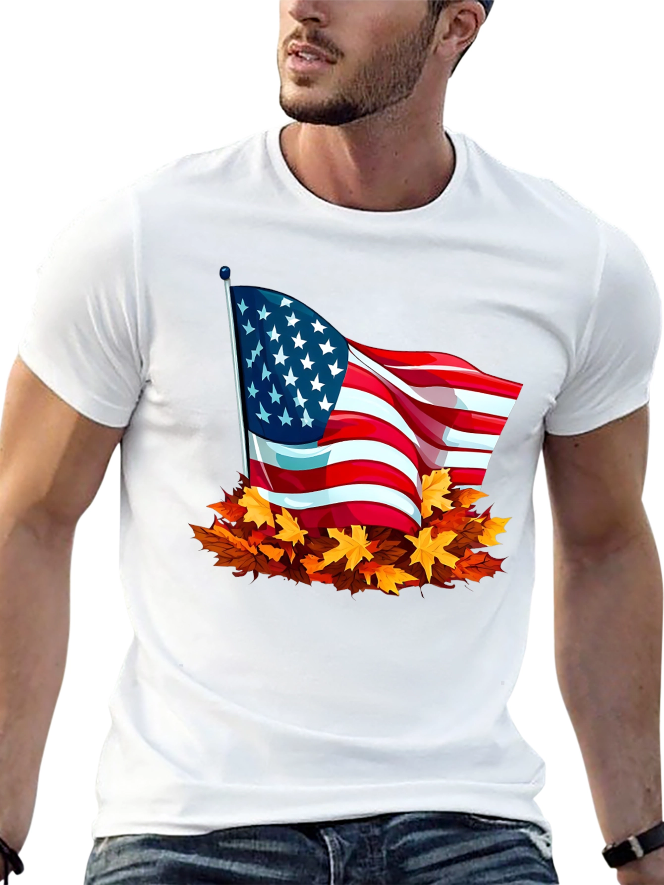 USA Flag Fall Leaves T-Shirt - Patriotic Autumn