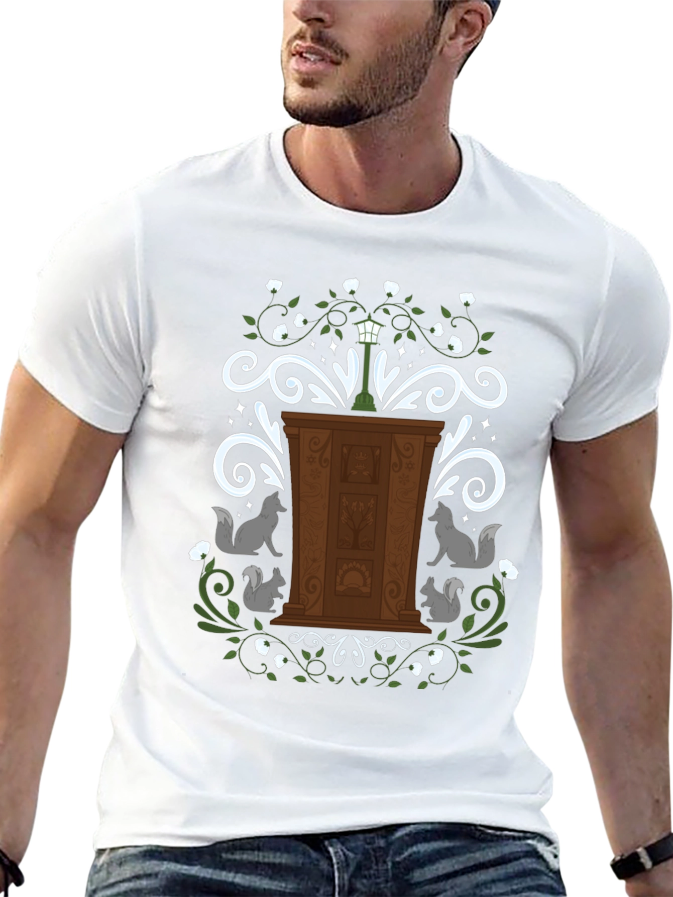 Whimsical Wardrobe T-Shirt with Squirrels and Streetlamp