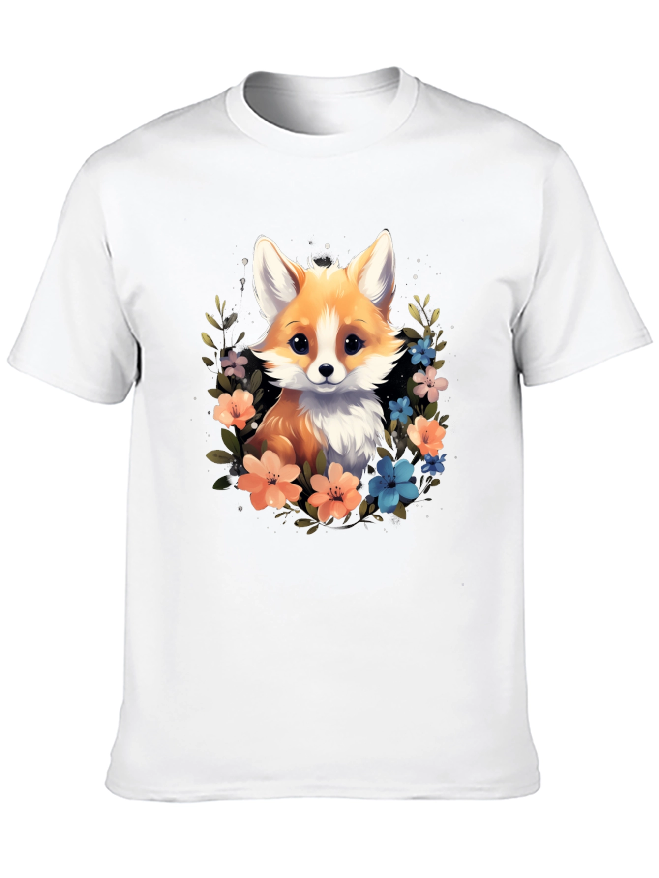 Cute Fox Floral Black T-Shirt