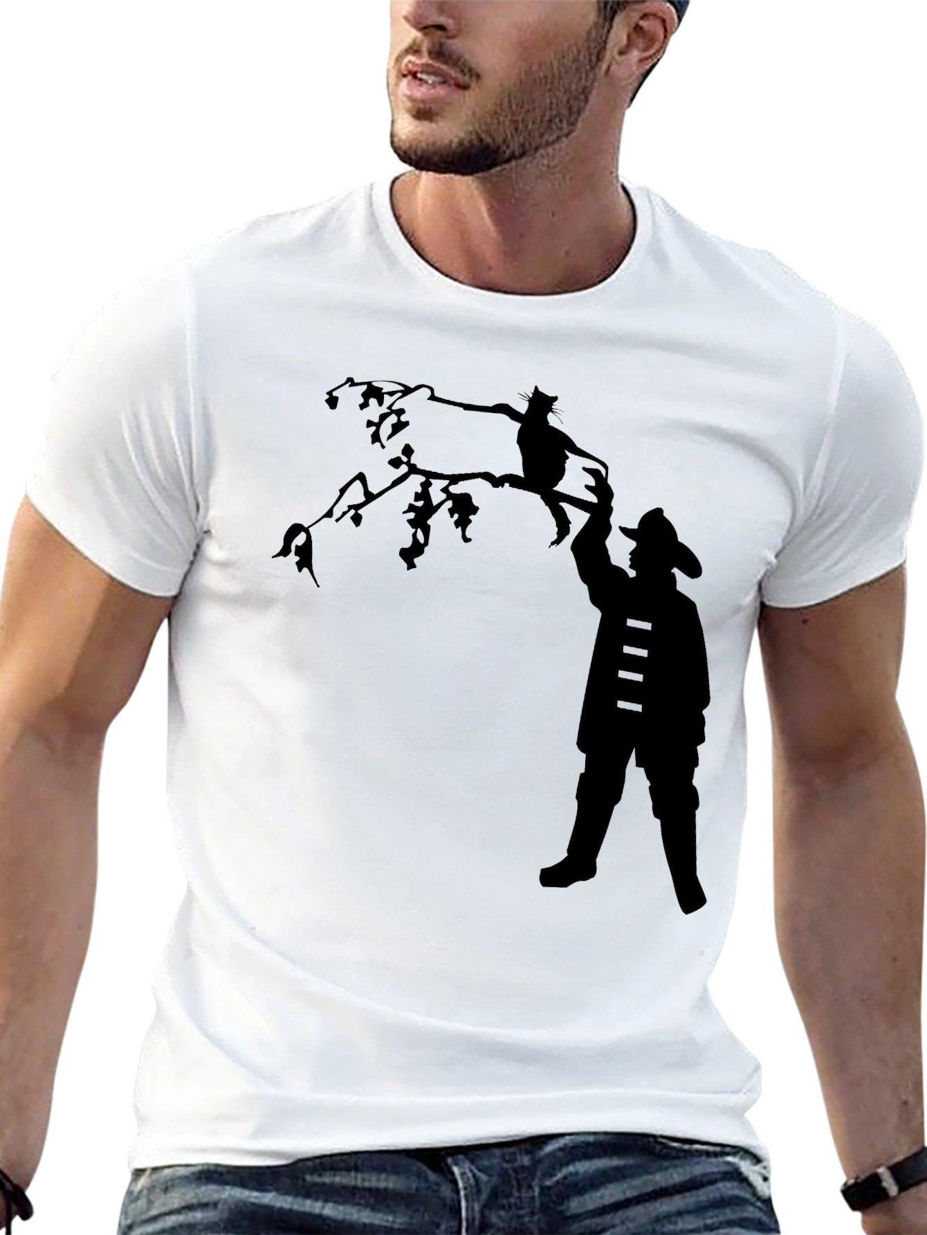 Silhouette Rescue T-Shirt - Fireman & Cat