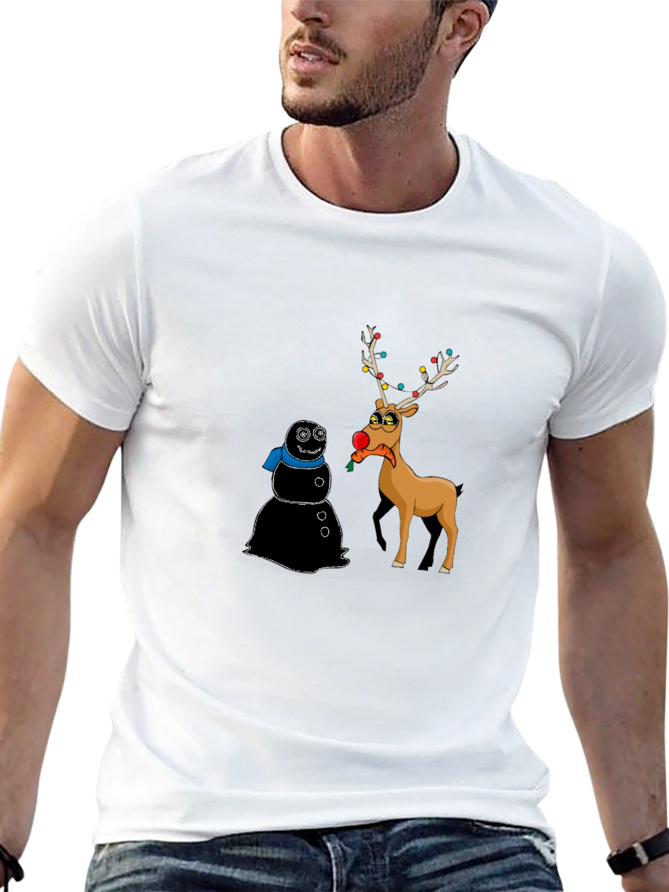 Funny Christmas T-Shirt: Cartoon Reindeer & Snowman