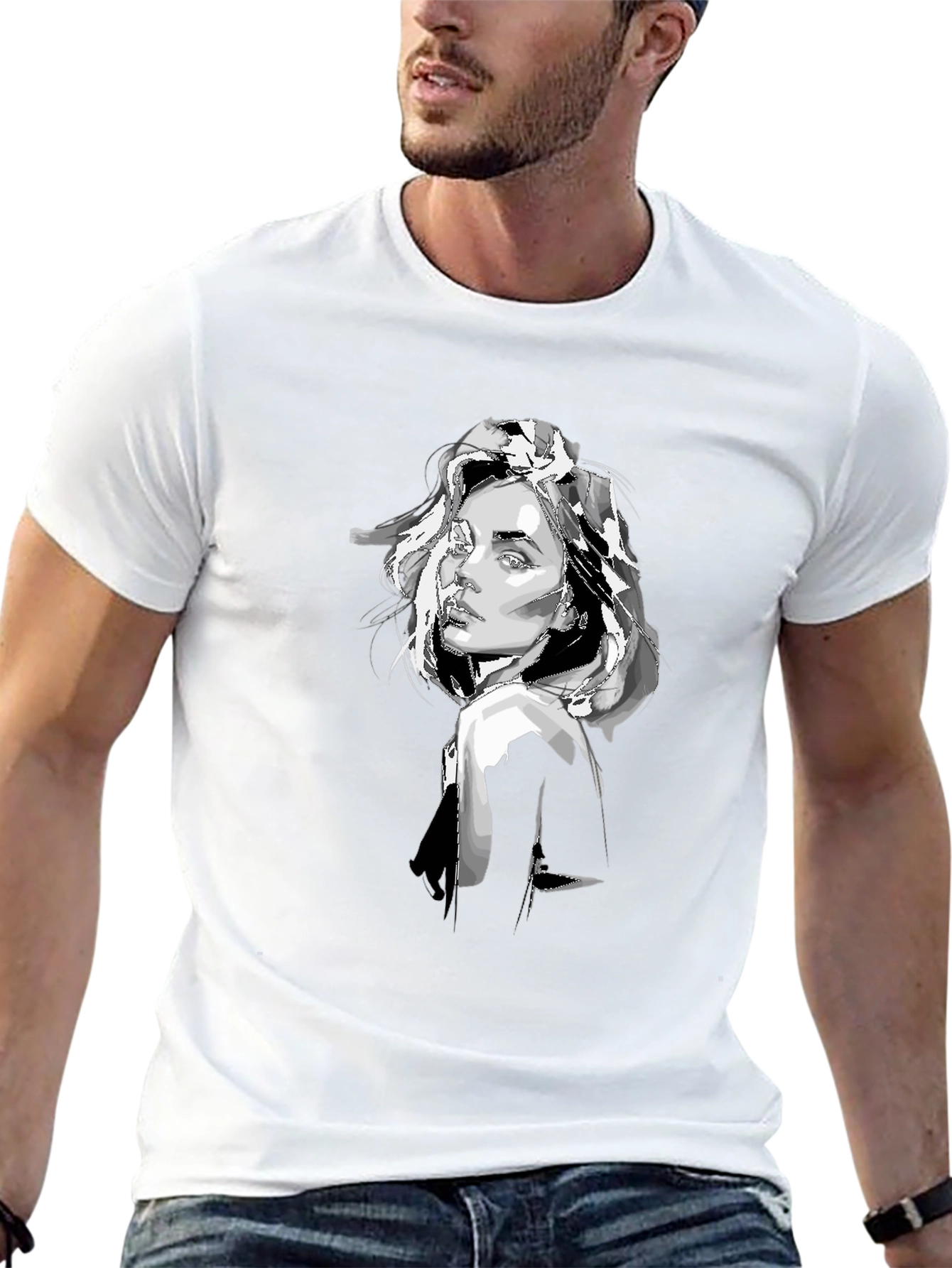 Black T-Shirt with Graphic Woman Print