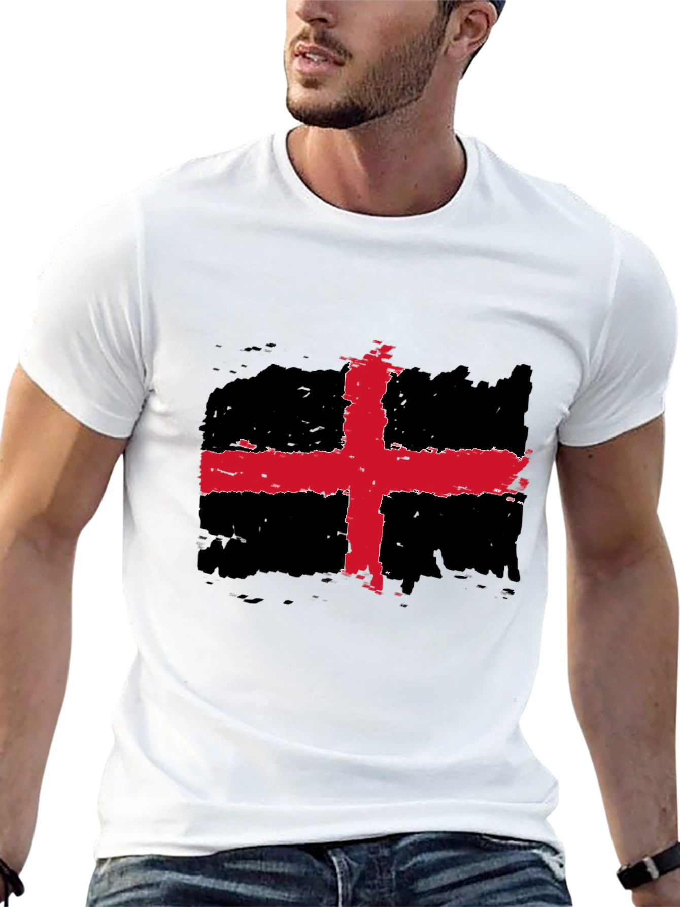 Distressed Red Cross Black Tee