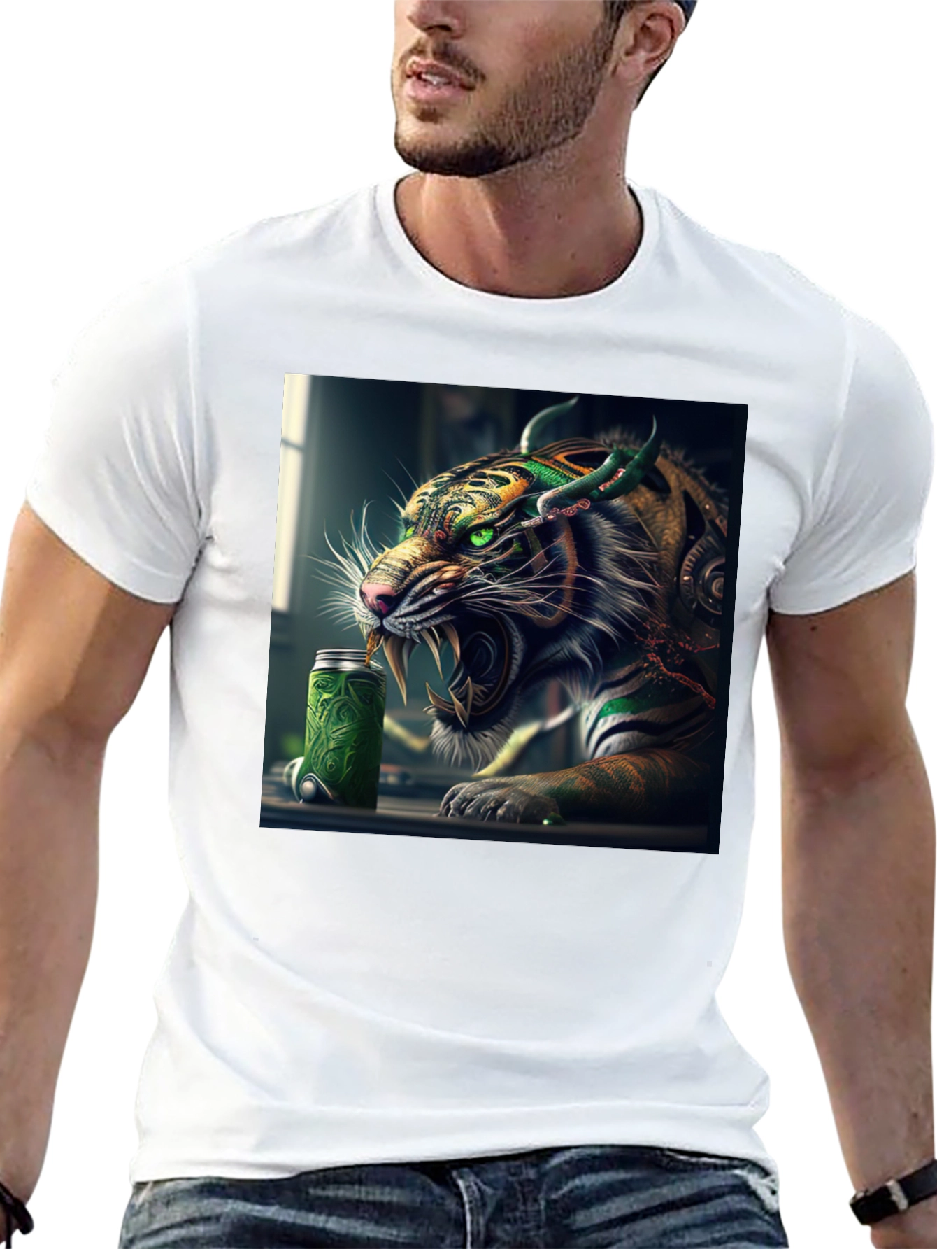 Tiger Green Drink Can Black T-Shirt