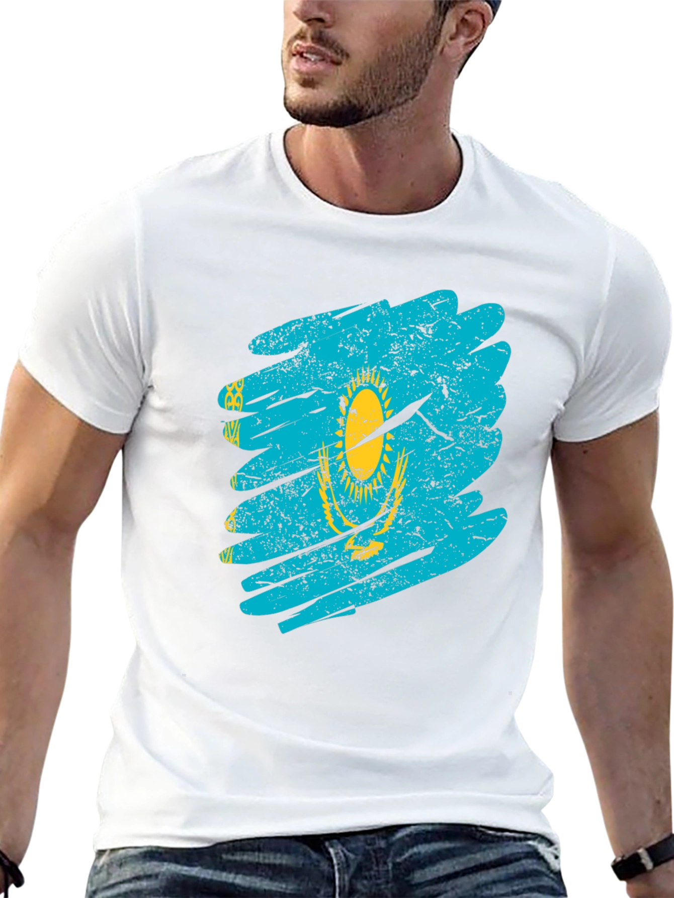 Kazakhstan Flag Distressed Black T-Shirt