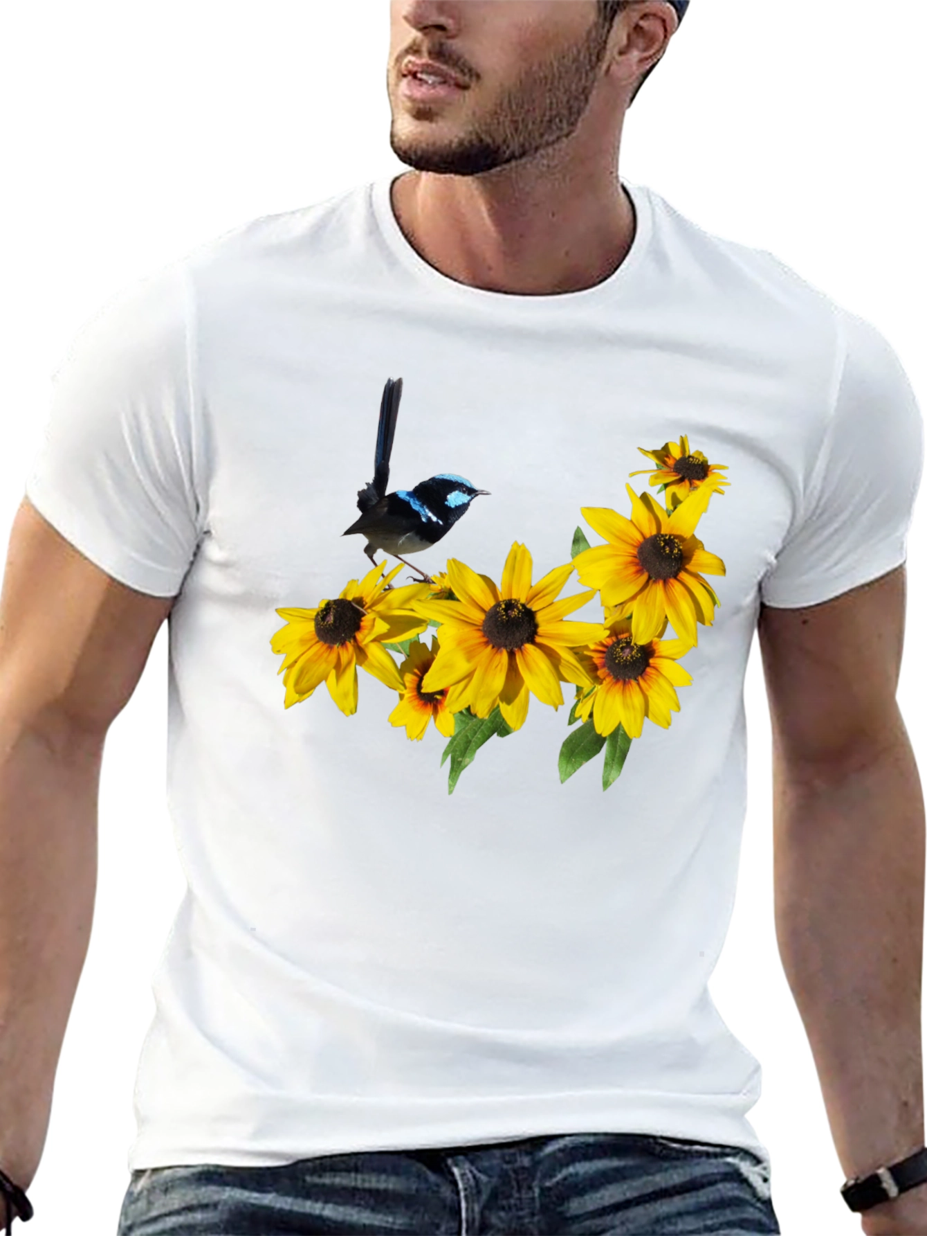 Black T-Shirt with Bird and Sunflower Graphic