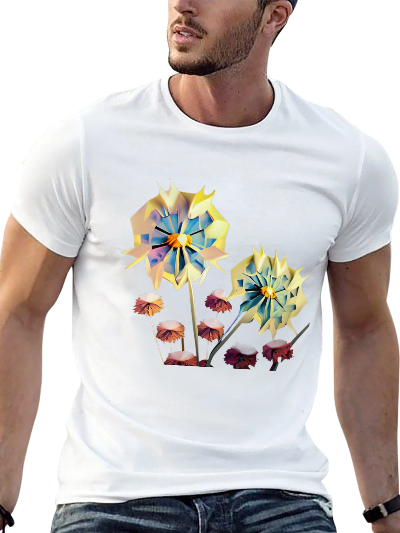 Floral Print Mens T-Shirt - Unique Artistic Design