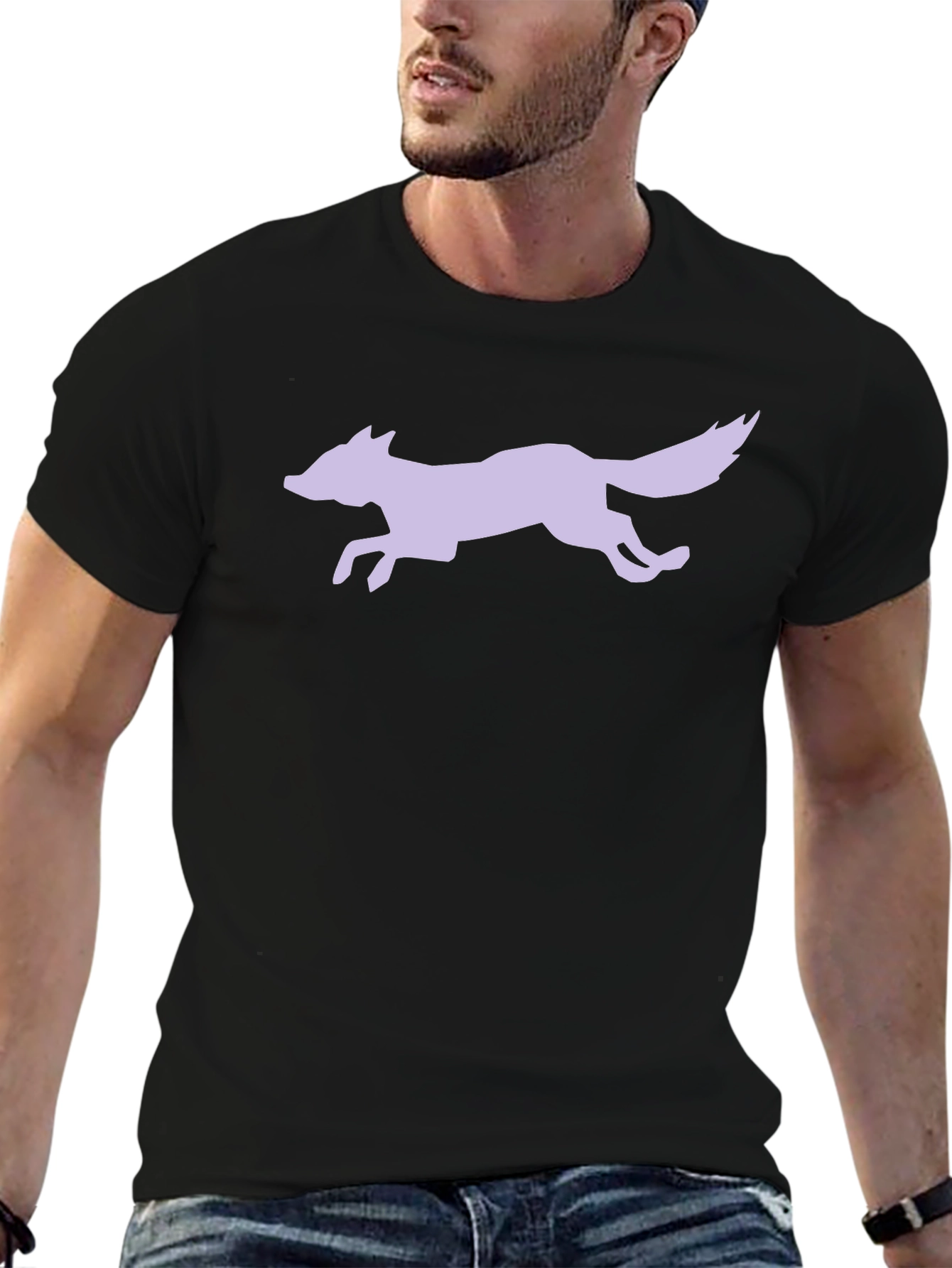 Black T-Shirt with Lilac Running Fox Design