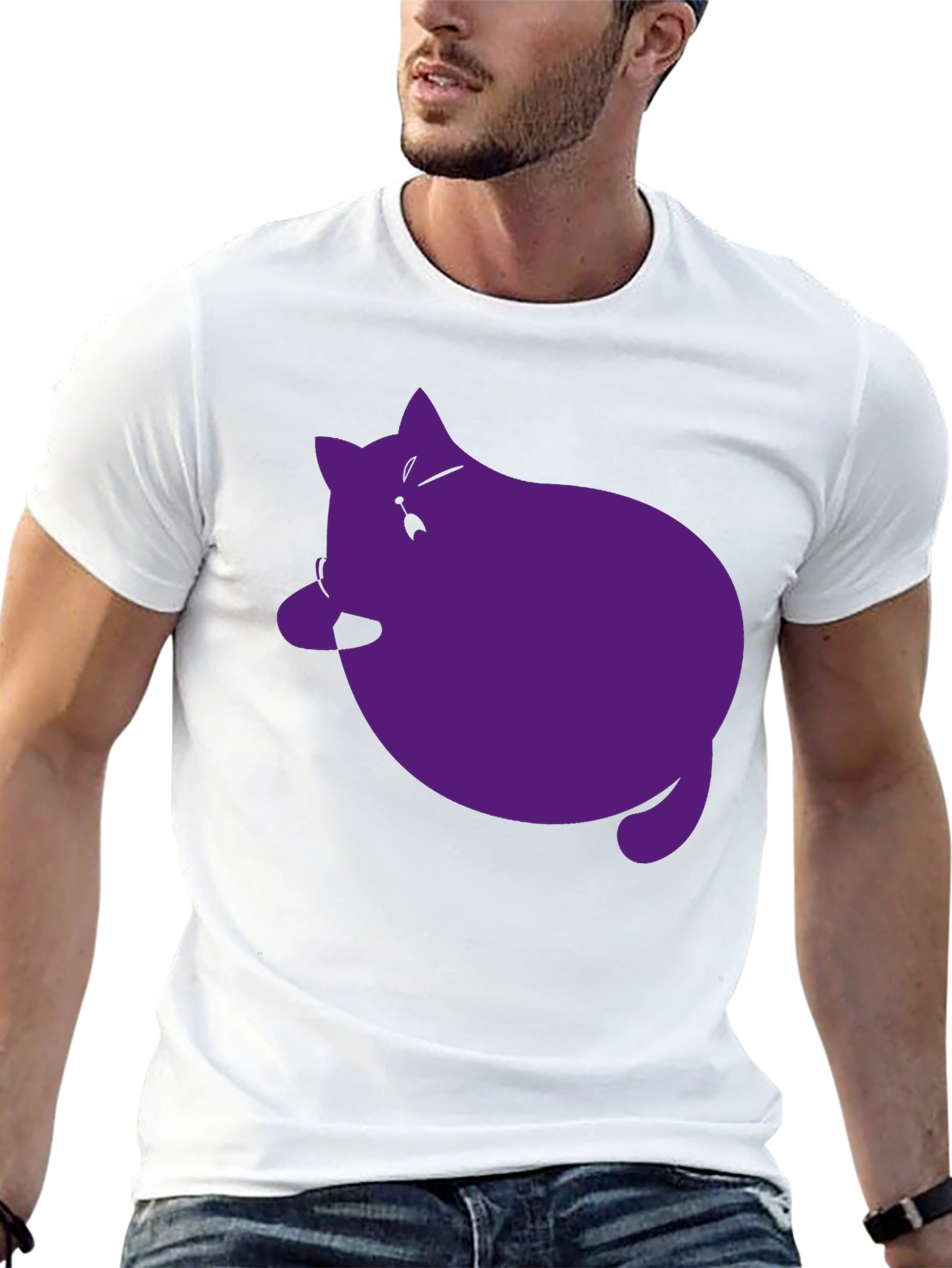 Mens Black T-Shirt with Purple Cat Graphic