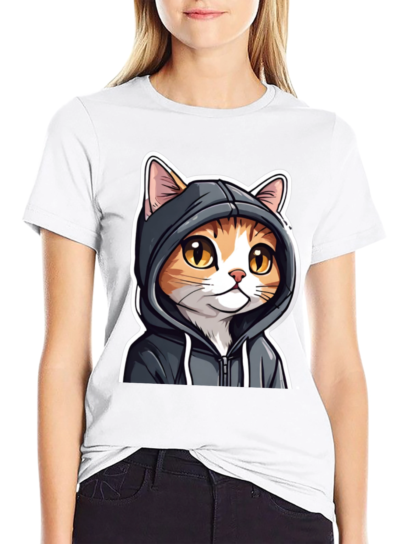 Cat Hoodie Graphic T-Shirt - Unisex Casual Tee