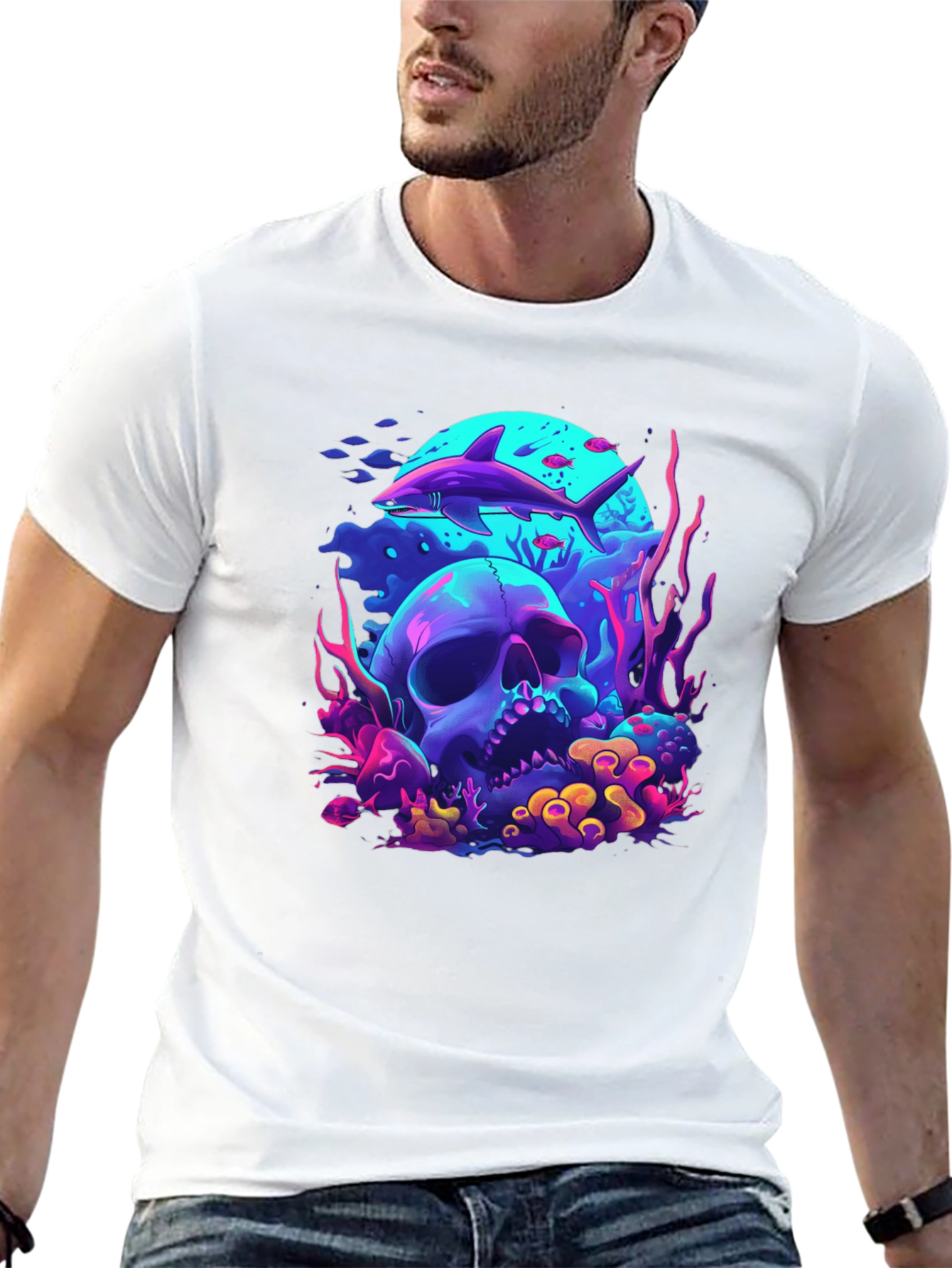 Neon Shark & Skull Graphic Tee - Unique Style