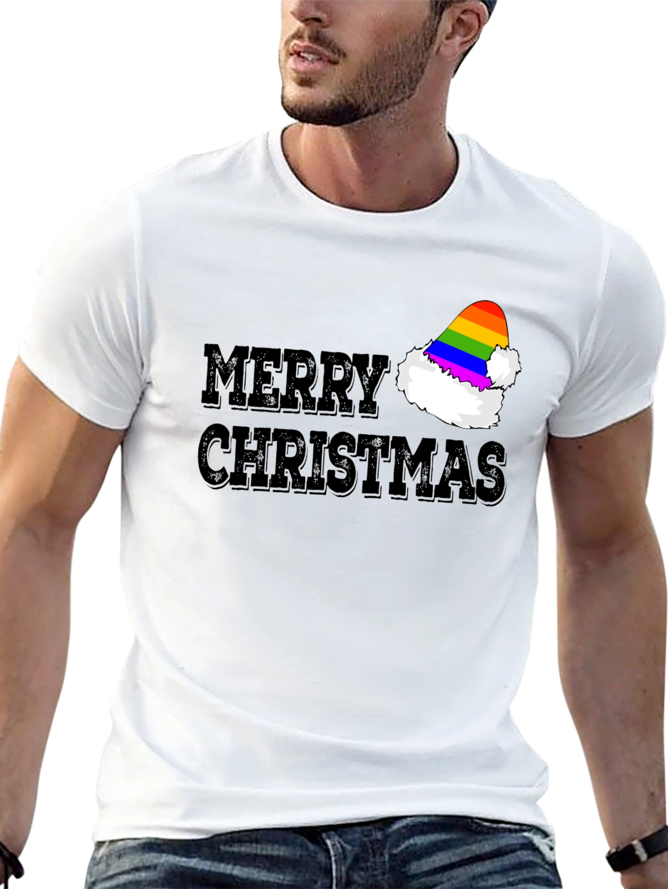 Merry Christmas Rainbow Santa Hat T-Shirt