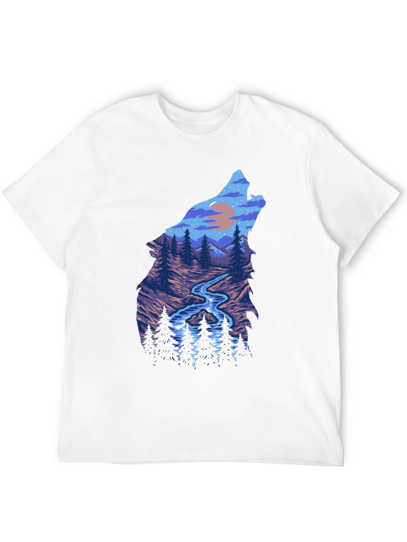Wolf Silhouette Nature Scene Graphic Tee - Black