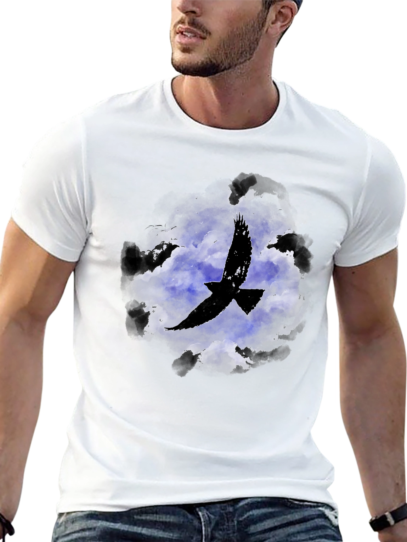 Raven in Clouds Graphic Tee - Black Cotton T-Shirt
