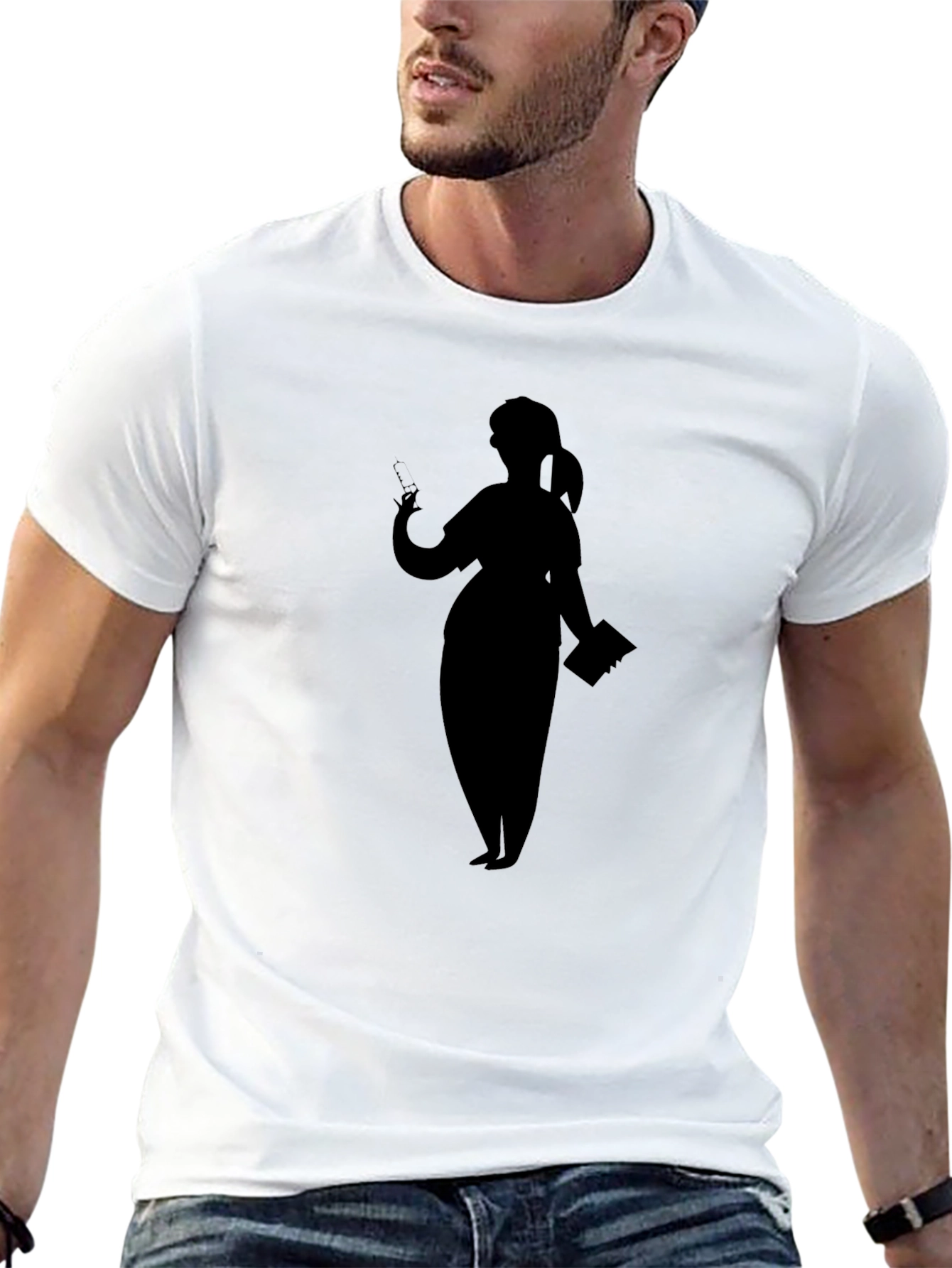 Silhouette Nurse Graphic T-Shirt - Black Cotton Casual Tee