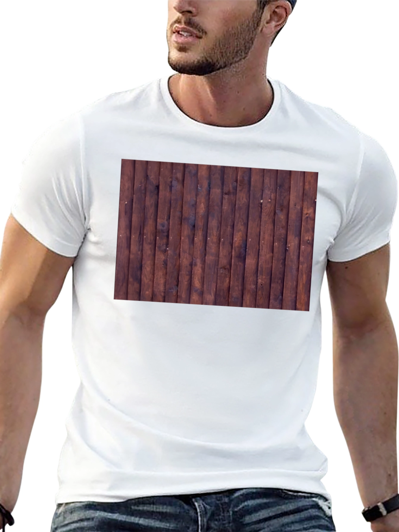 Mens Black T-Shirt with Wood Plank Print