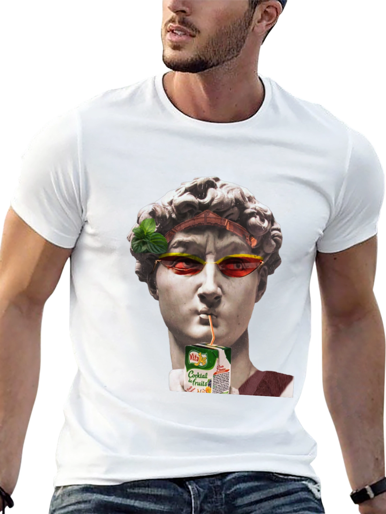 Funny Art T-Shirt: Statue Sipping Juice