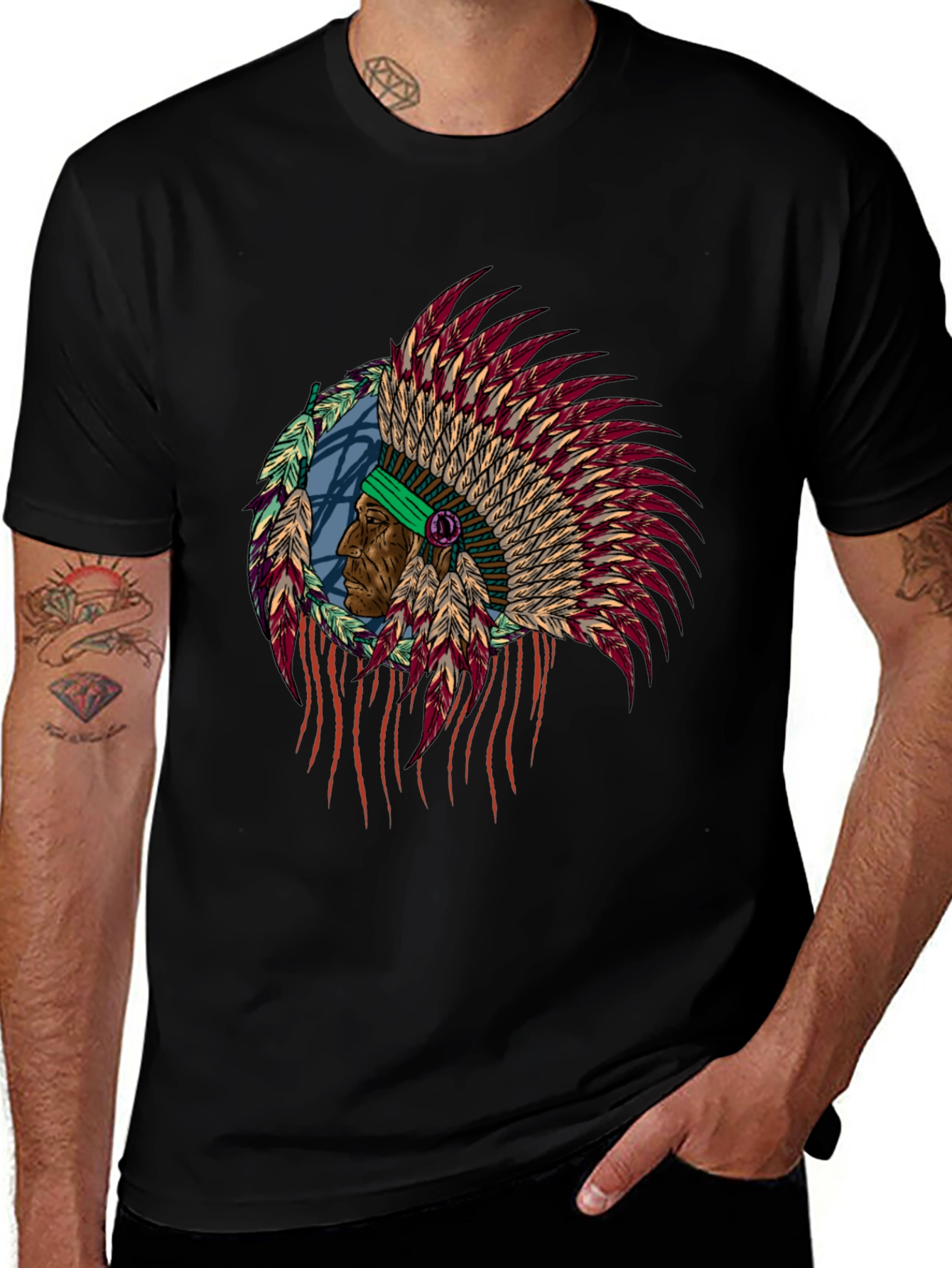 Native American Headdress Graphic Tee - Mens Black T-Shirt