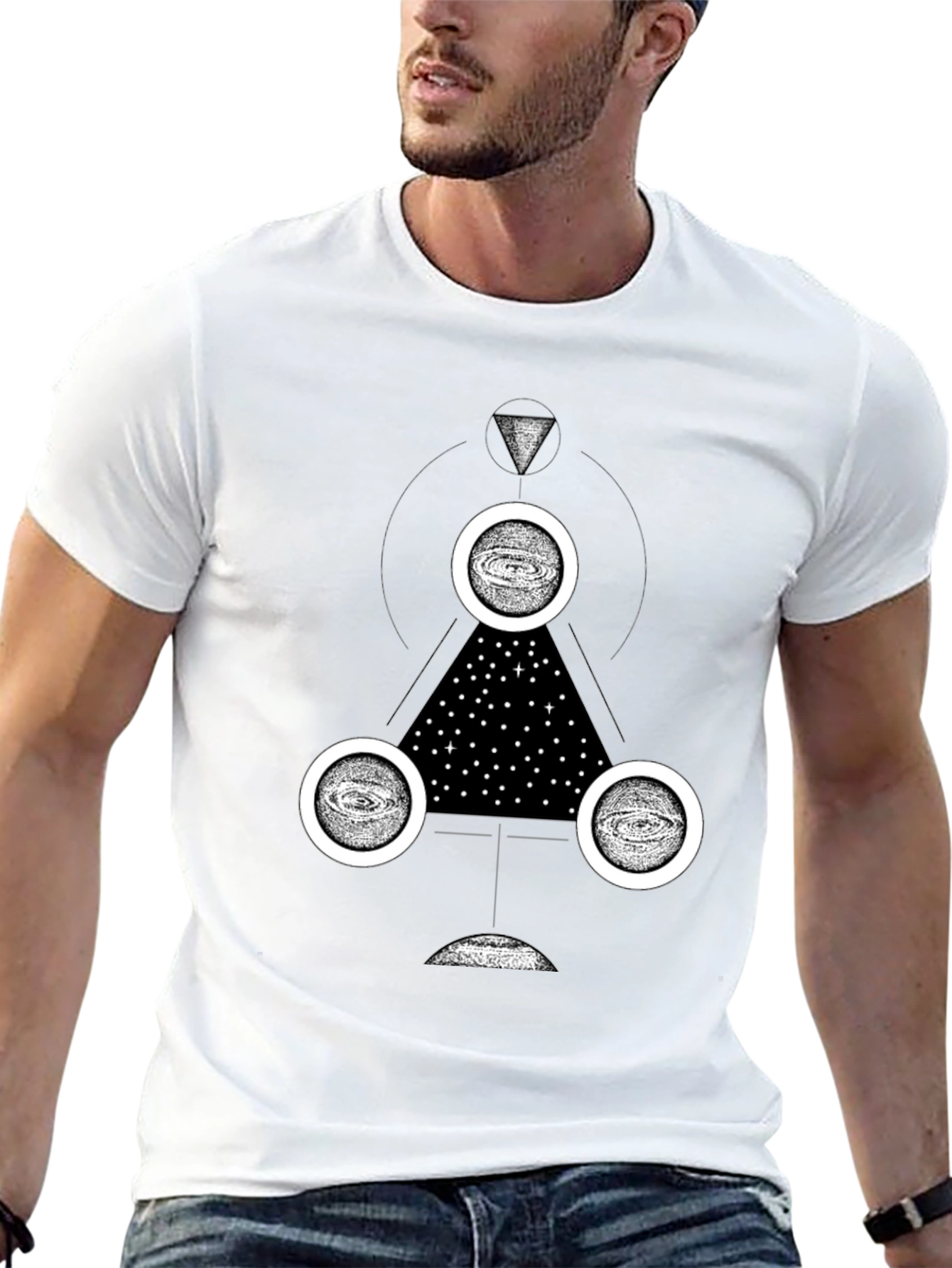 Cosmic Geometry Graphic Tee - Black Cotton T-Shirt