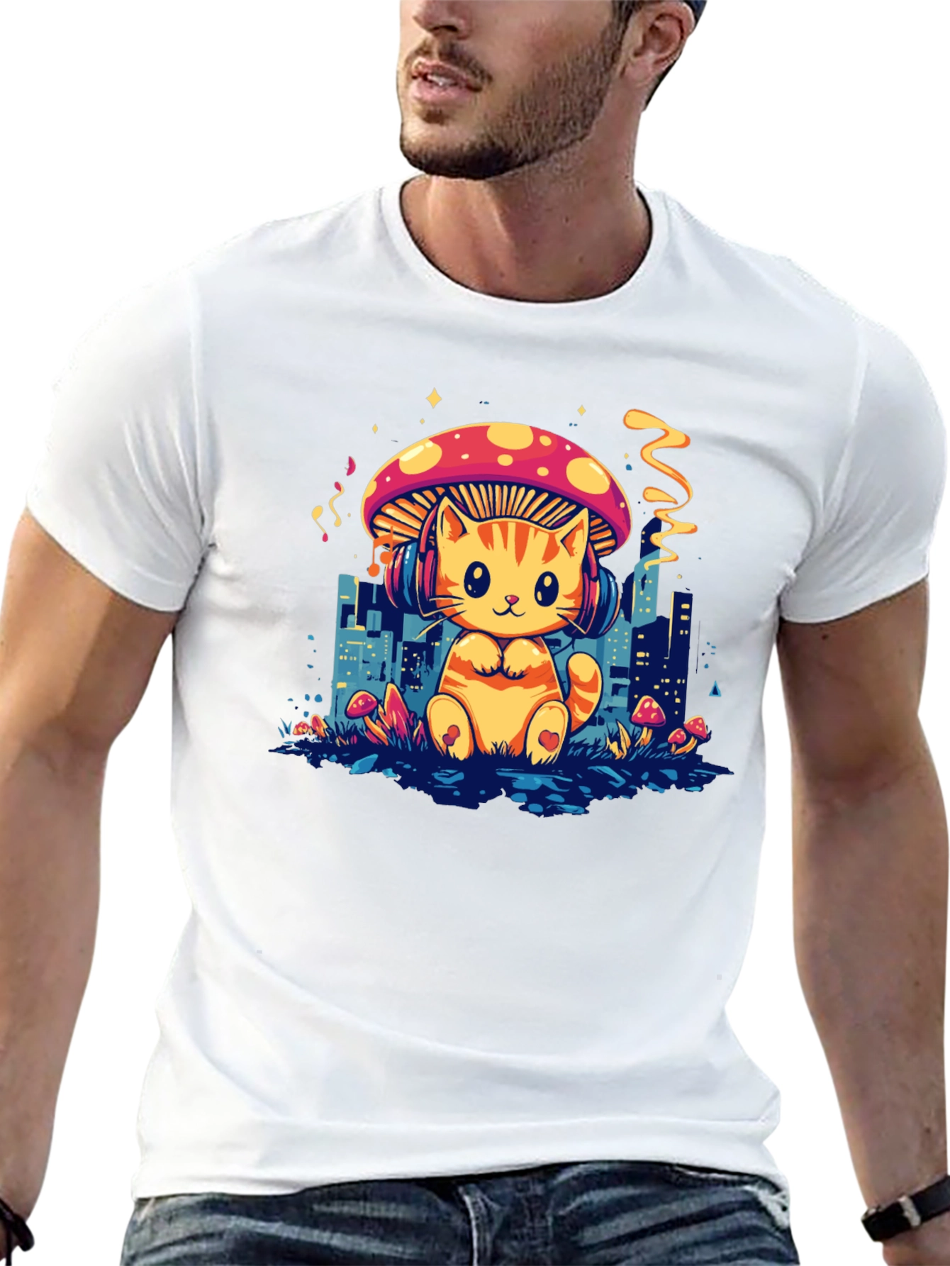 Cat Mushroom Black T-Shirt