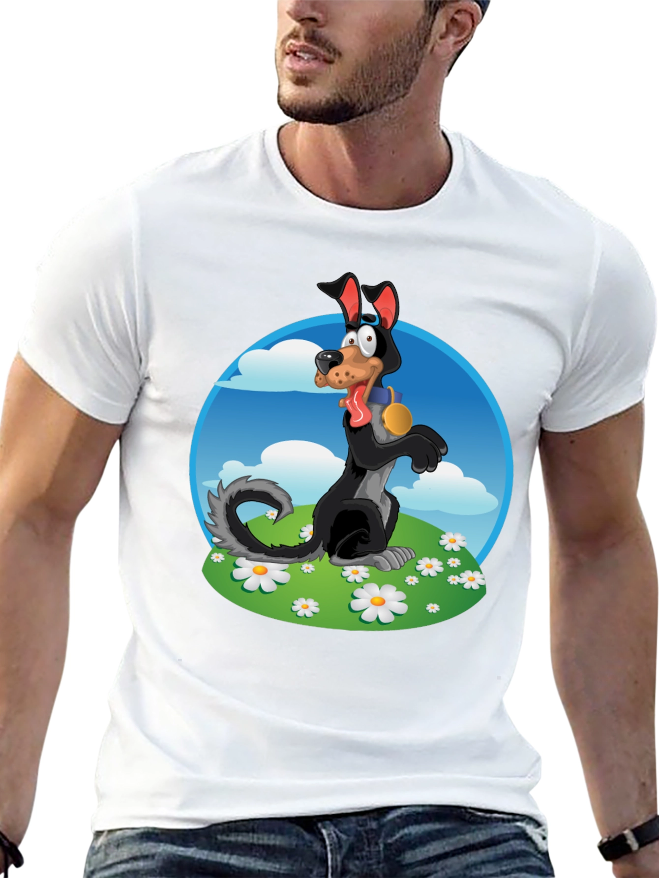 Cartoon Dog Graphic Tee - Black Cotton Blend
