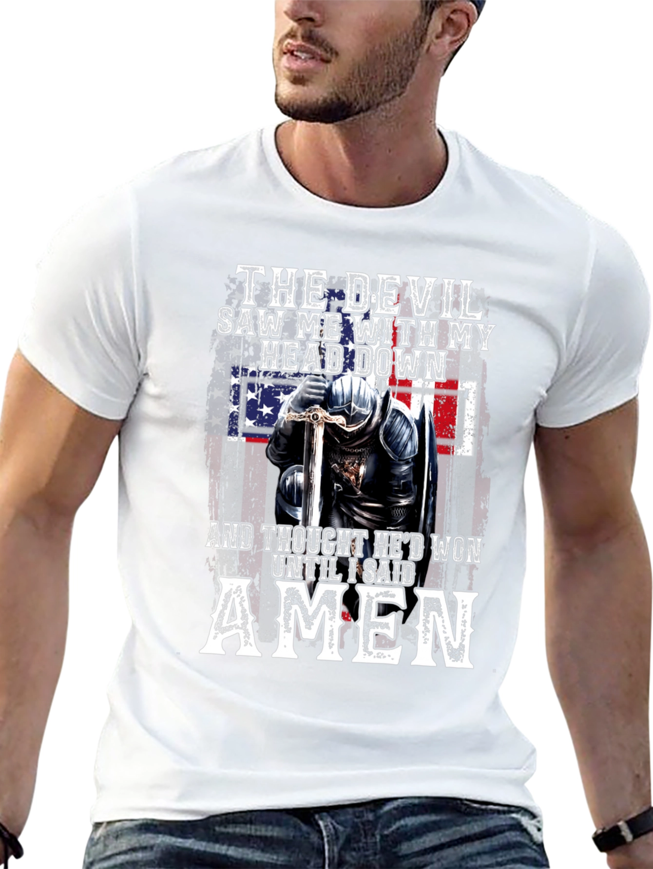 The Devil T-Shirt Amen Knight USA Flag Graphic Tee