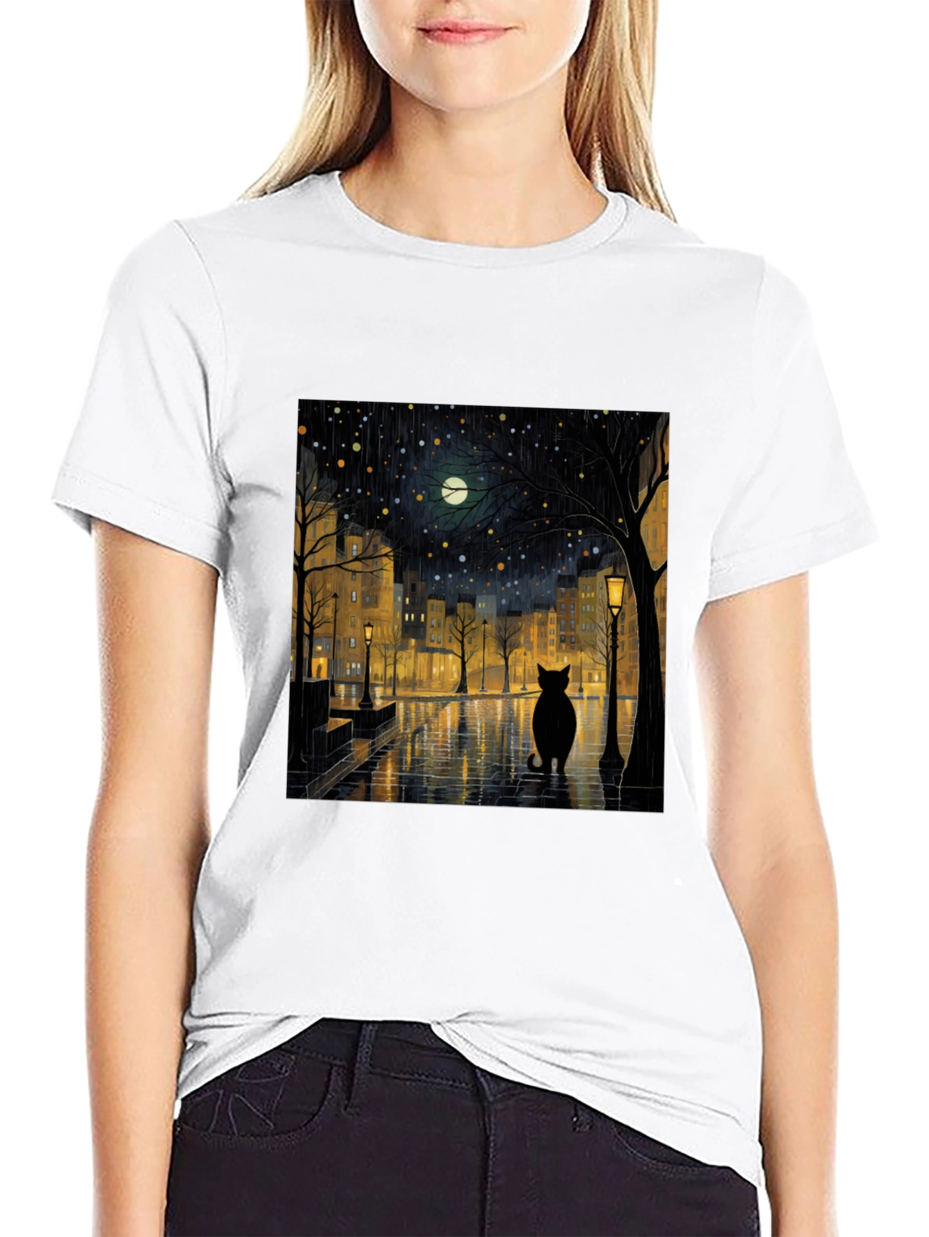 Black Cat Rainy Night City T-Shirt