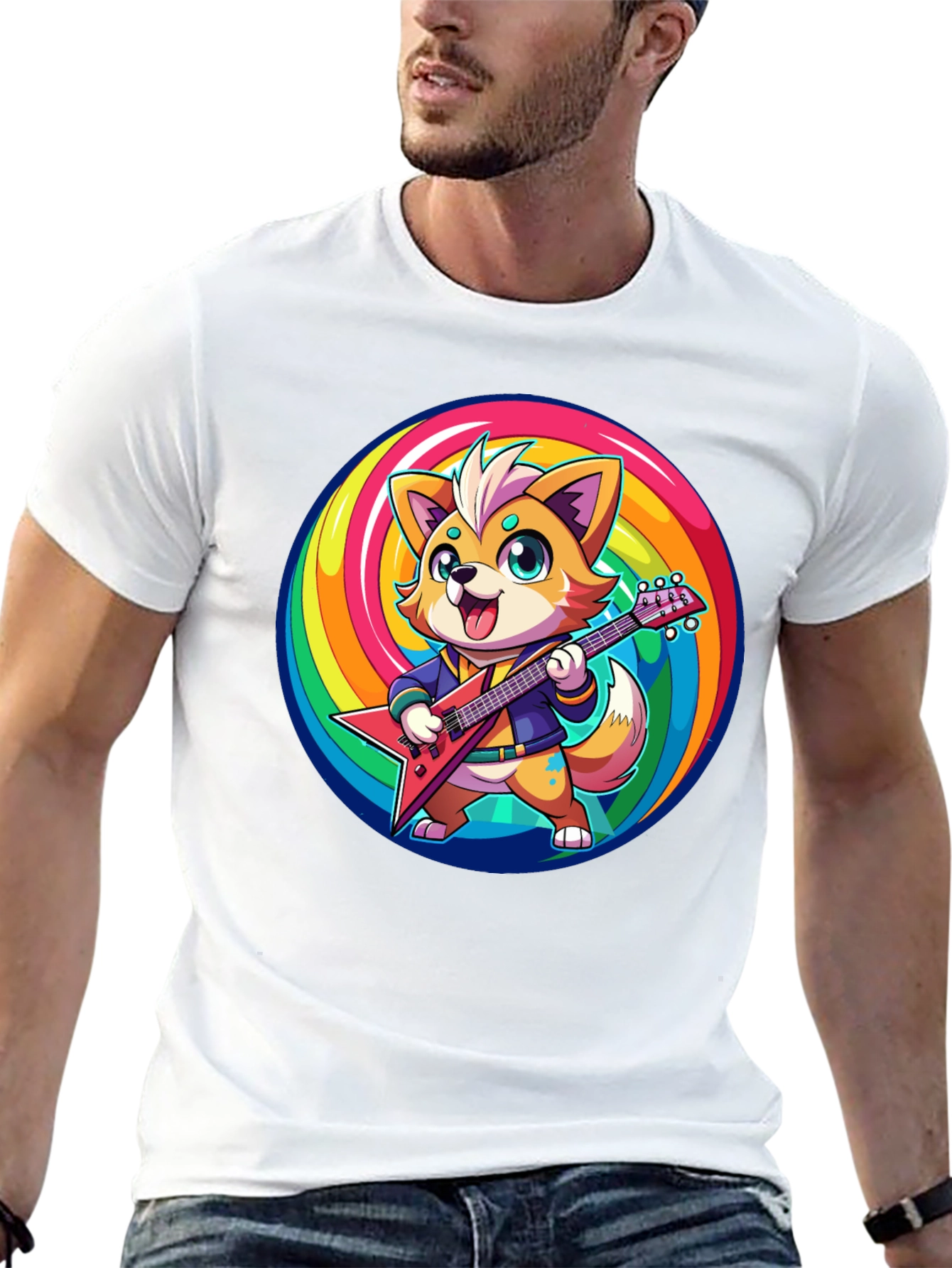 Rockstar Fox T-Shirt - Rainbow Swirl Design