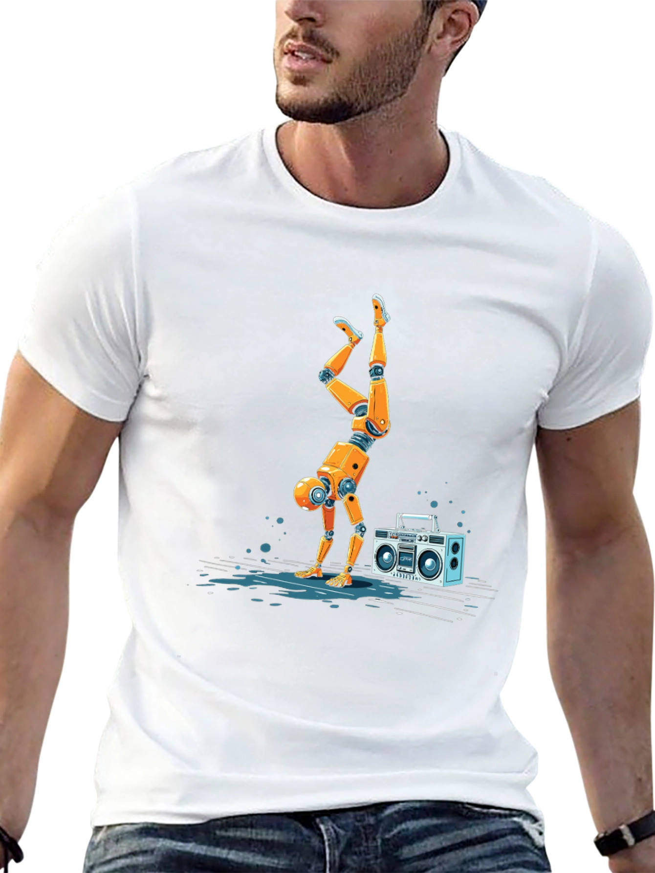 Robot Handstand T-Shirt - Funky Boombox Design