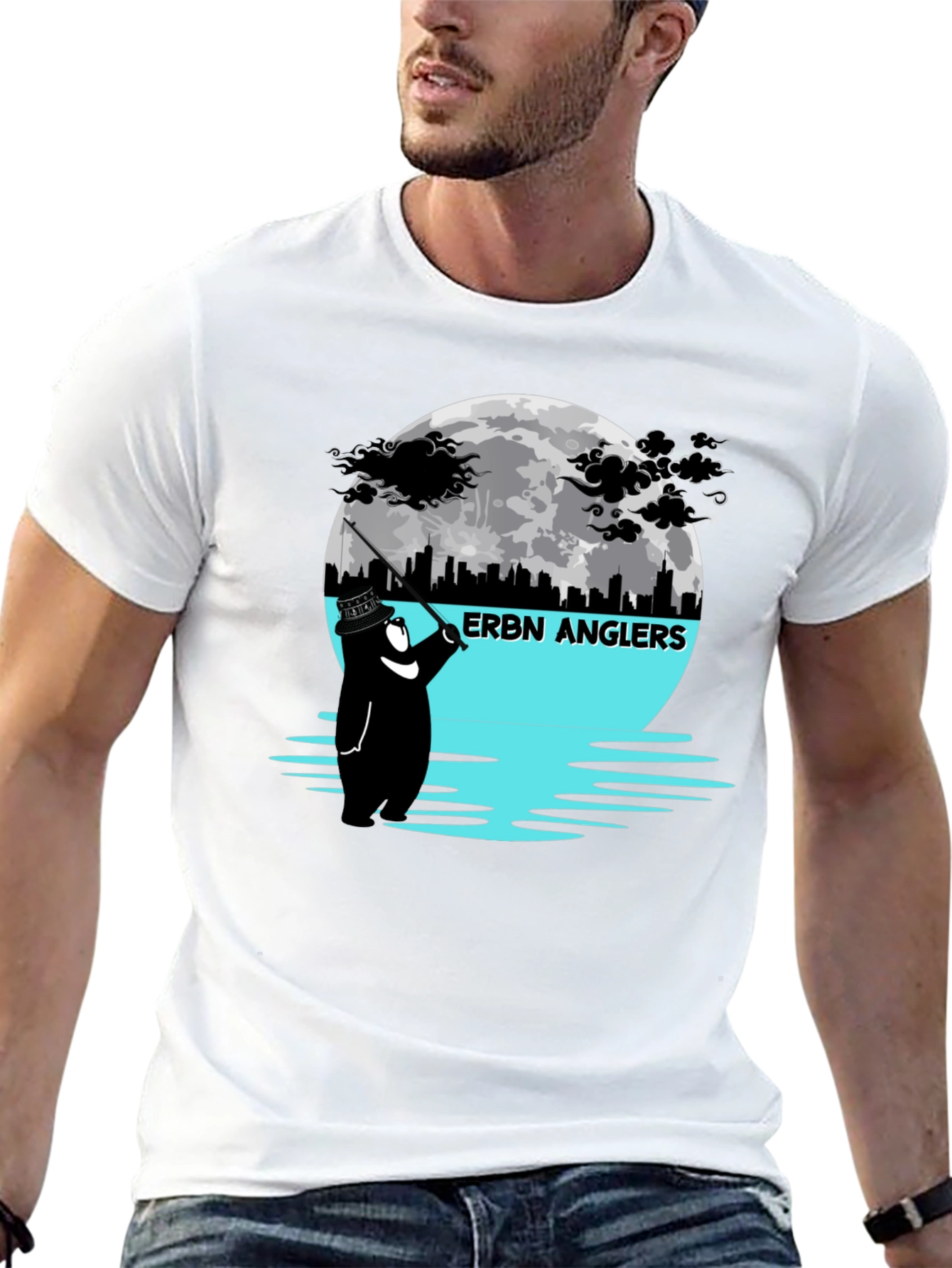 ERBN Anglers T-Shirt: Bear Fishing Under Moonlit Skyline