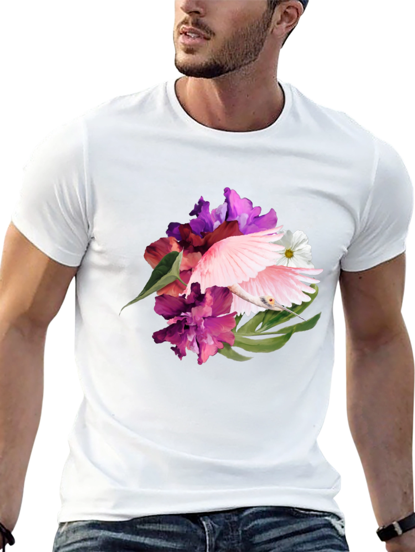 Floral Bird Print Black T-Shirt